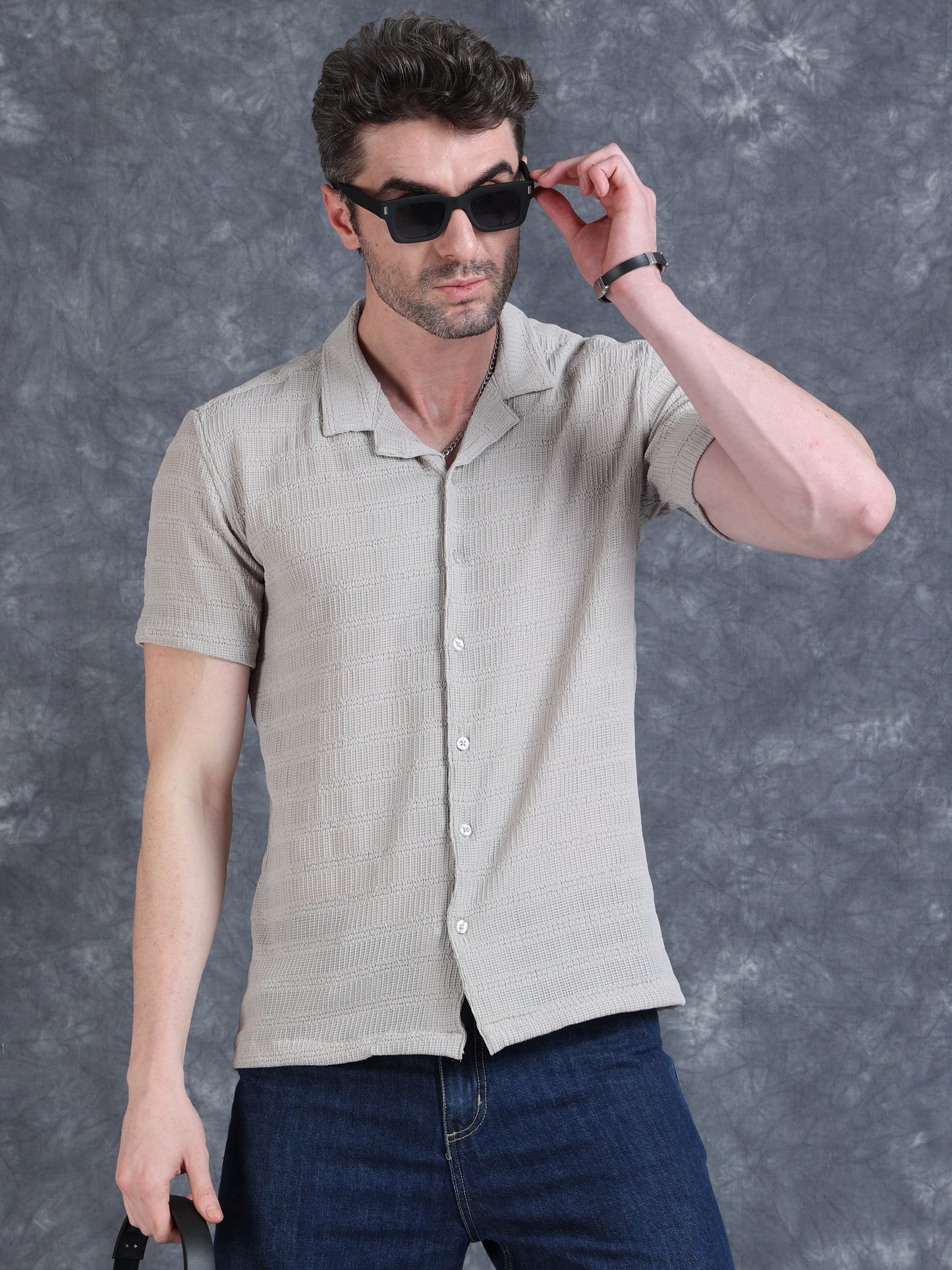 Imported Taiwan Sunset Plaid Textured Shirt -Greyish
