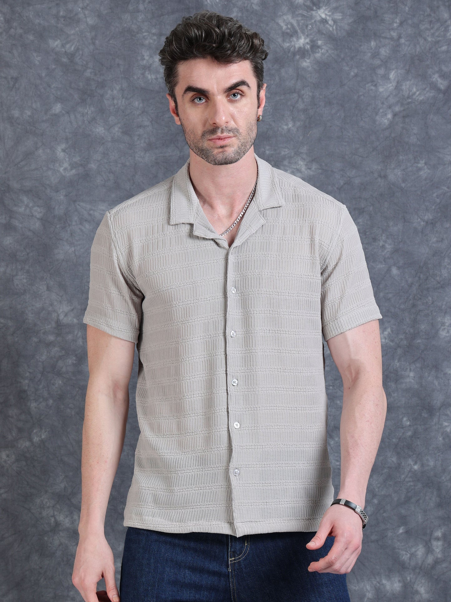Imported Taiwan Sunset Plaid Textured Shirt -Greyish