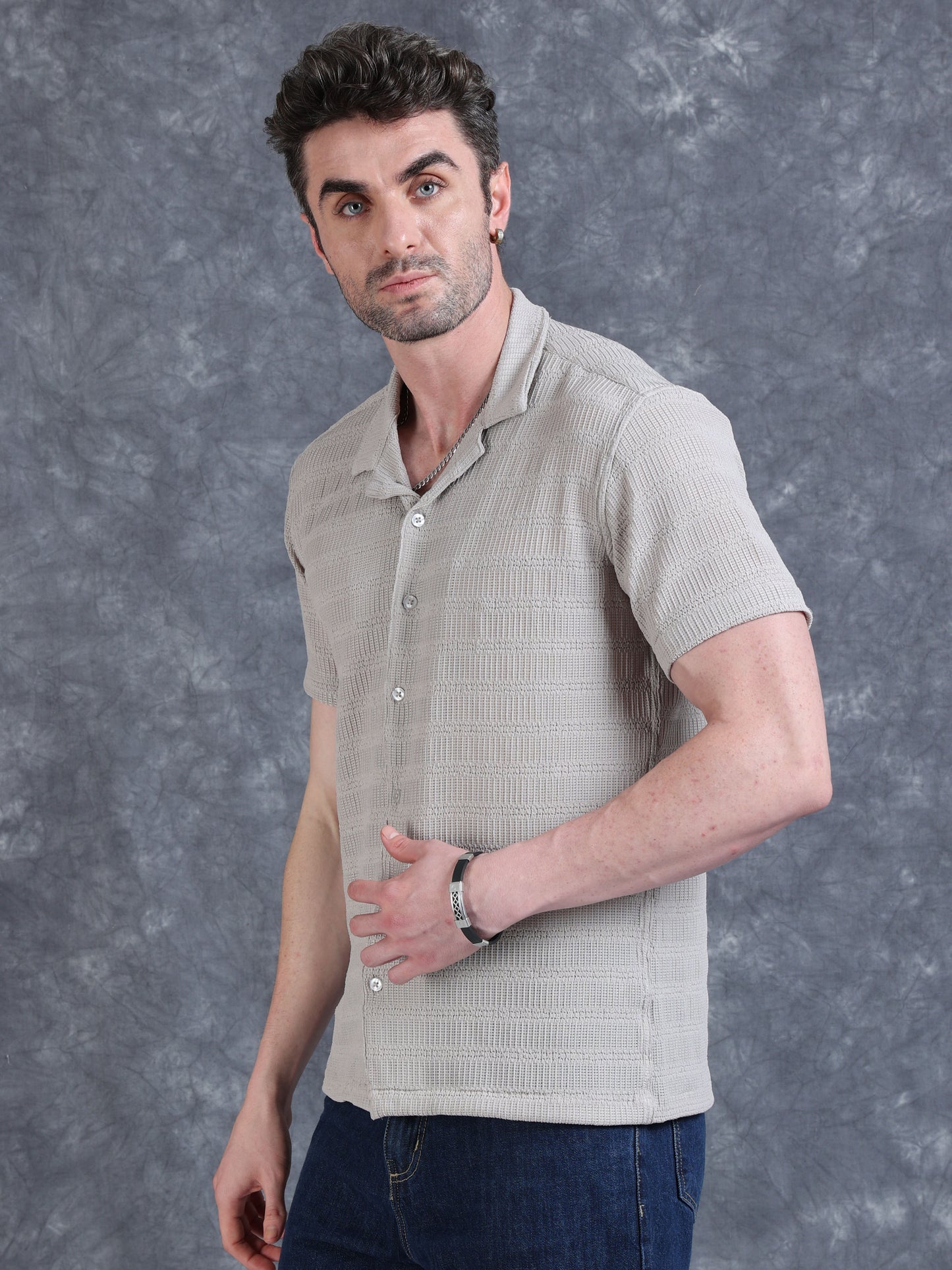 Imported Taiwan Sunset Plaid Textured Shirt -Greyish