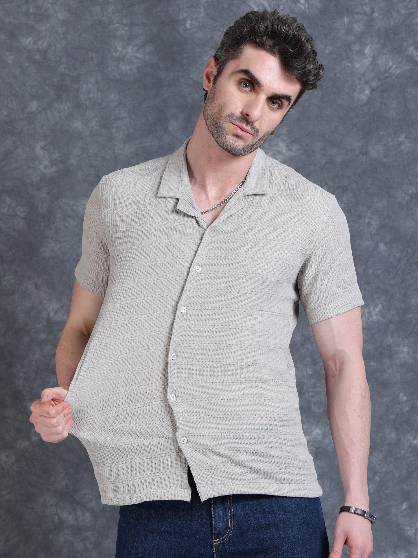 Imported Taiwan Sunset Plaid Textured Shirt -Greyish