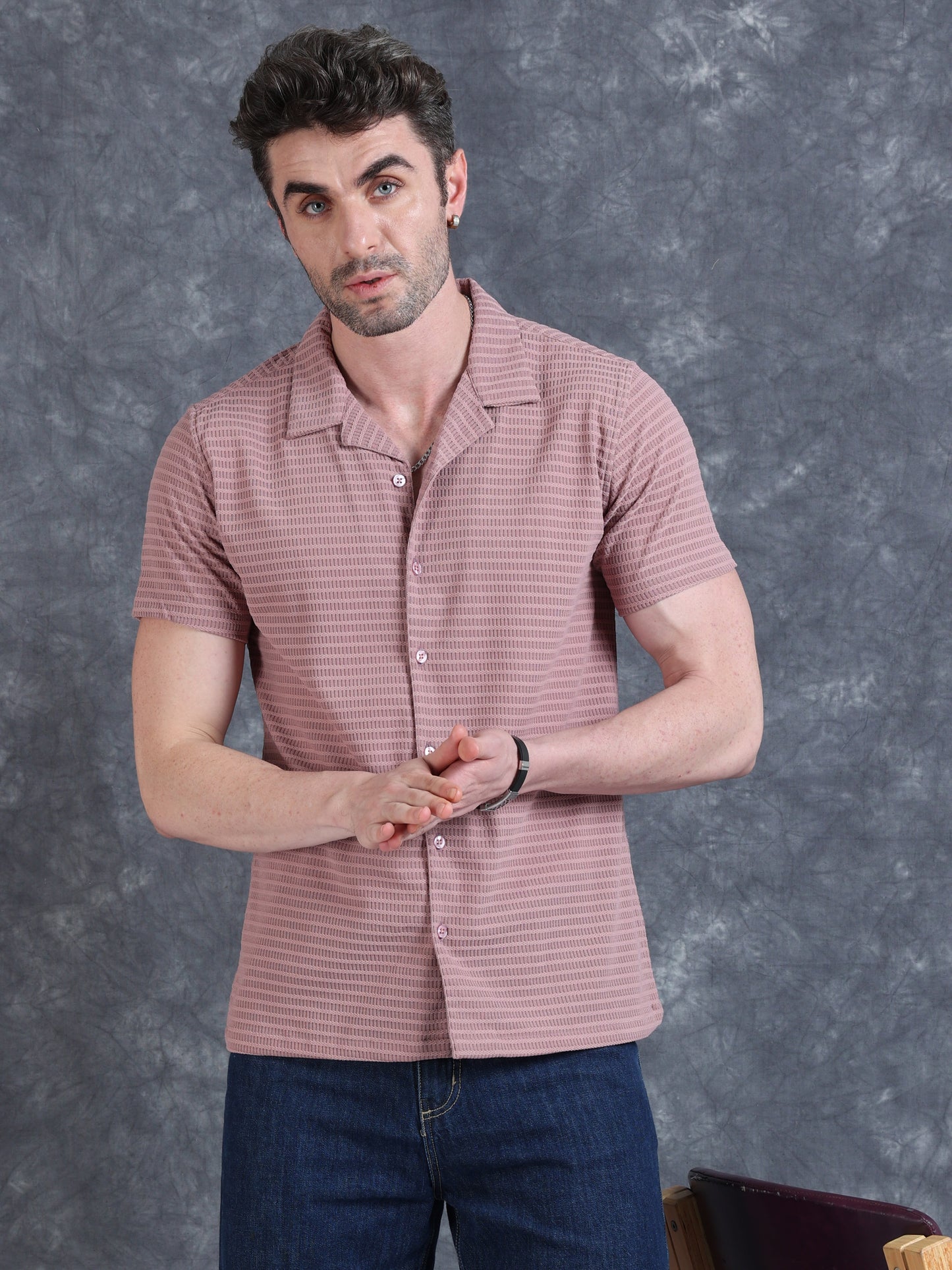 Imported Taiwan Sunset Plaid Textured Shirt -Pink