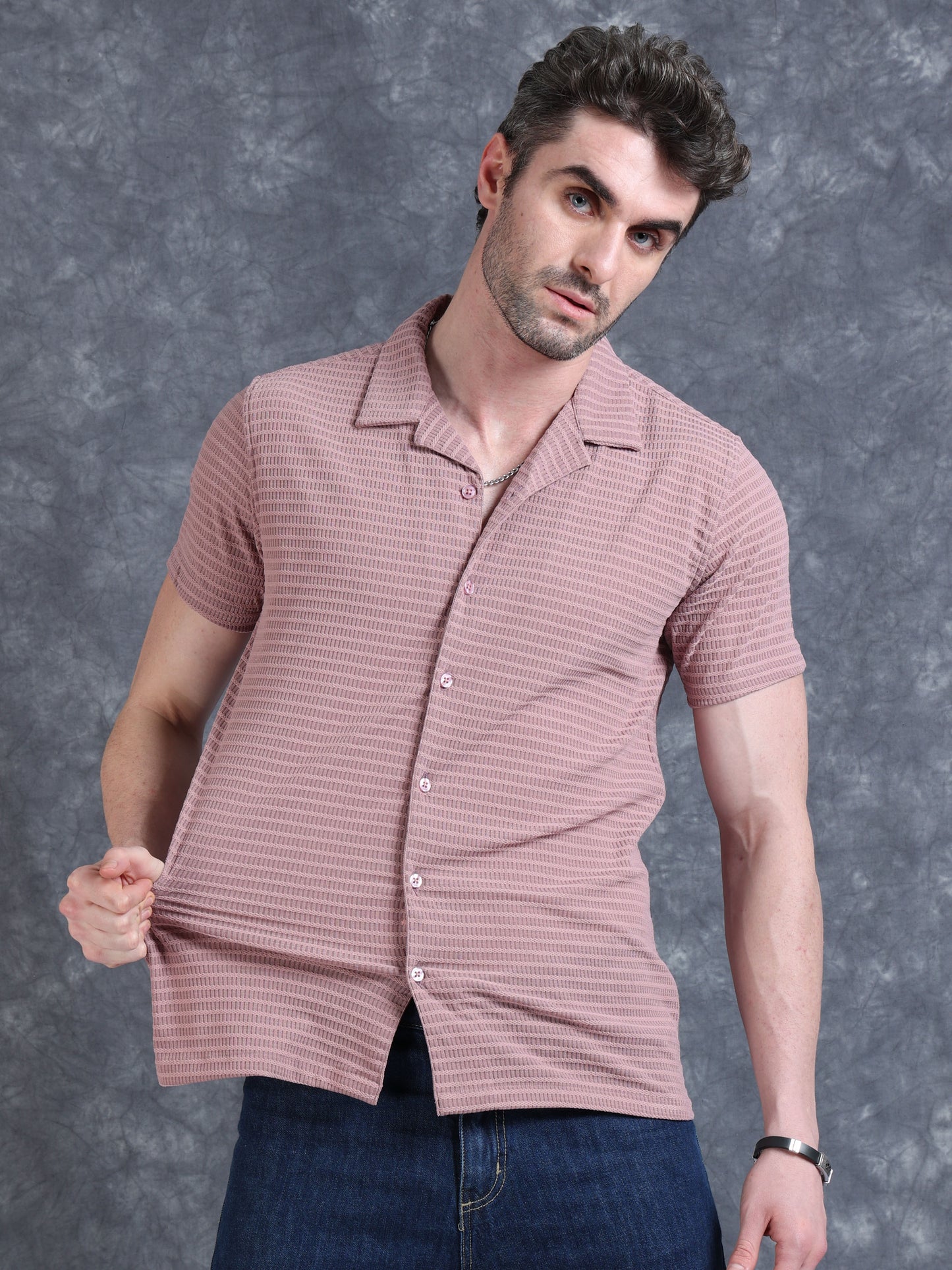 Imported Taiwan Sunset Plaid Textured Shirt -Pink