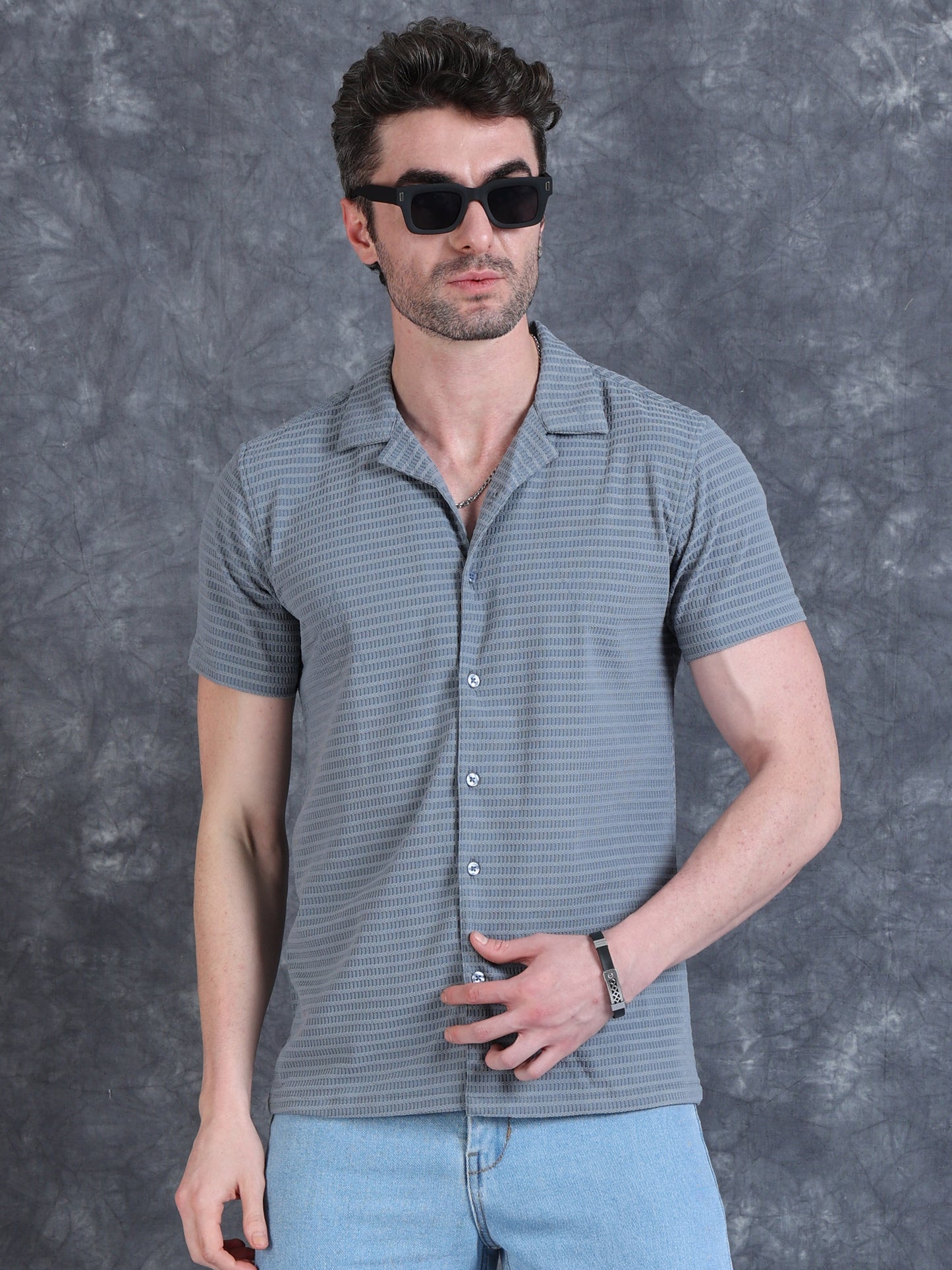 Imported Taiwan Sunset Plaid Textured Shirt -Grey