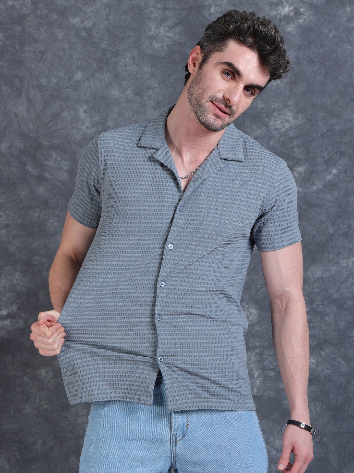 Imported Taiwan Sunset Plaid Textured Shirt -Grey