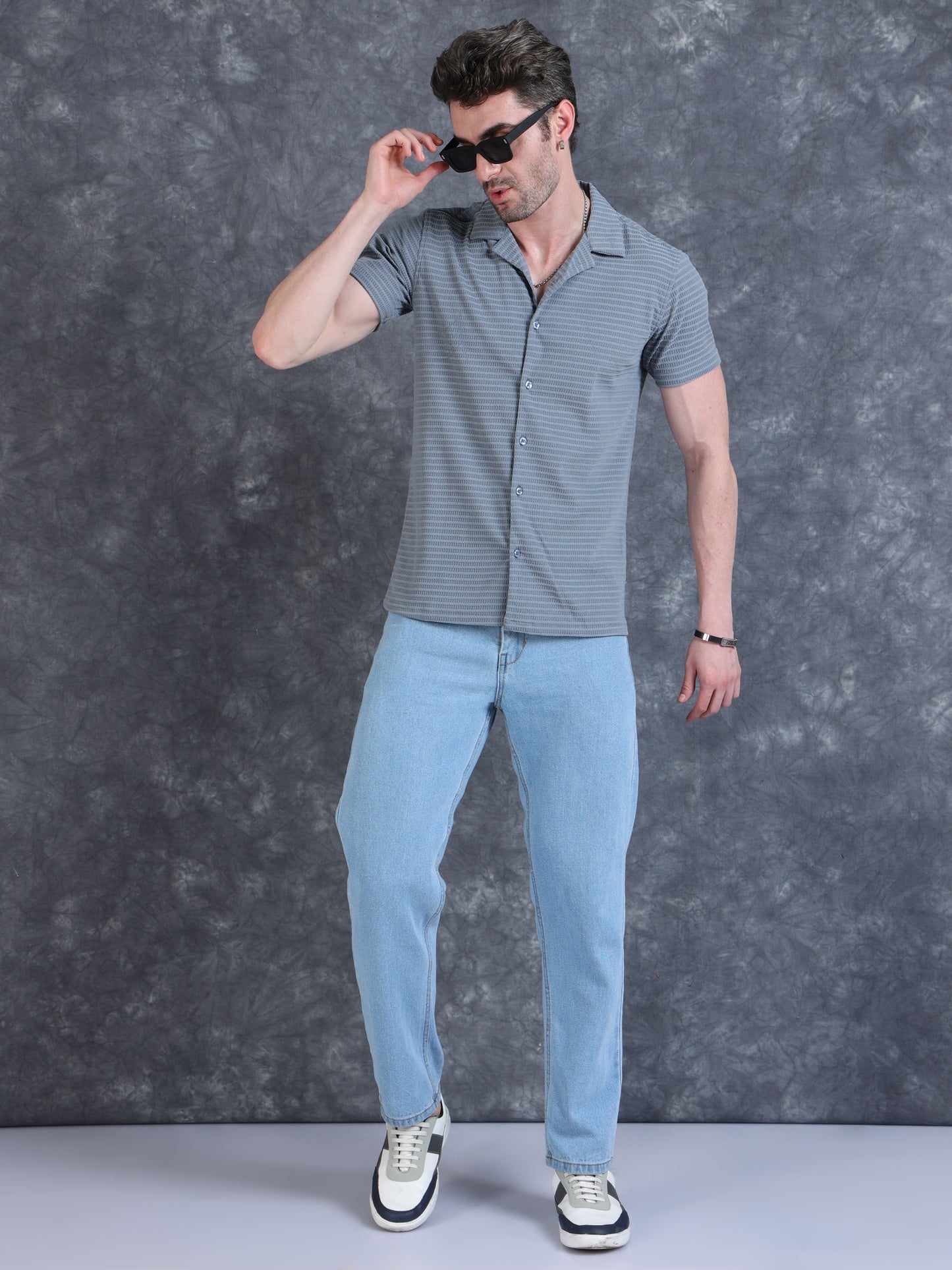 Imported Taiwan Sunset Plaid Textured Shirt -Grey