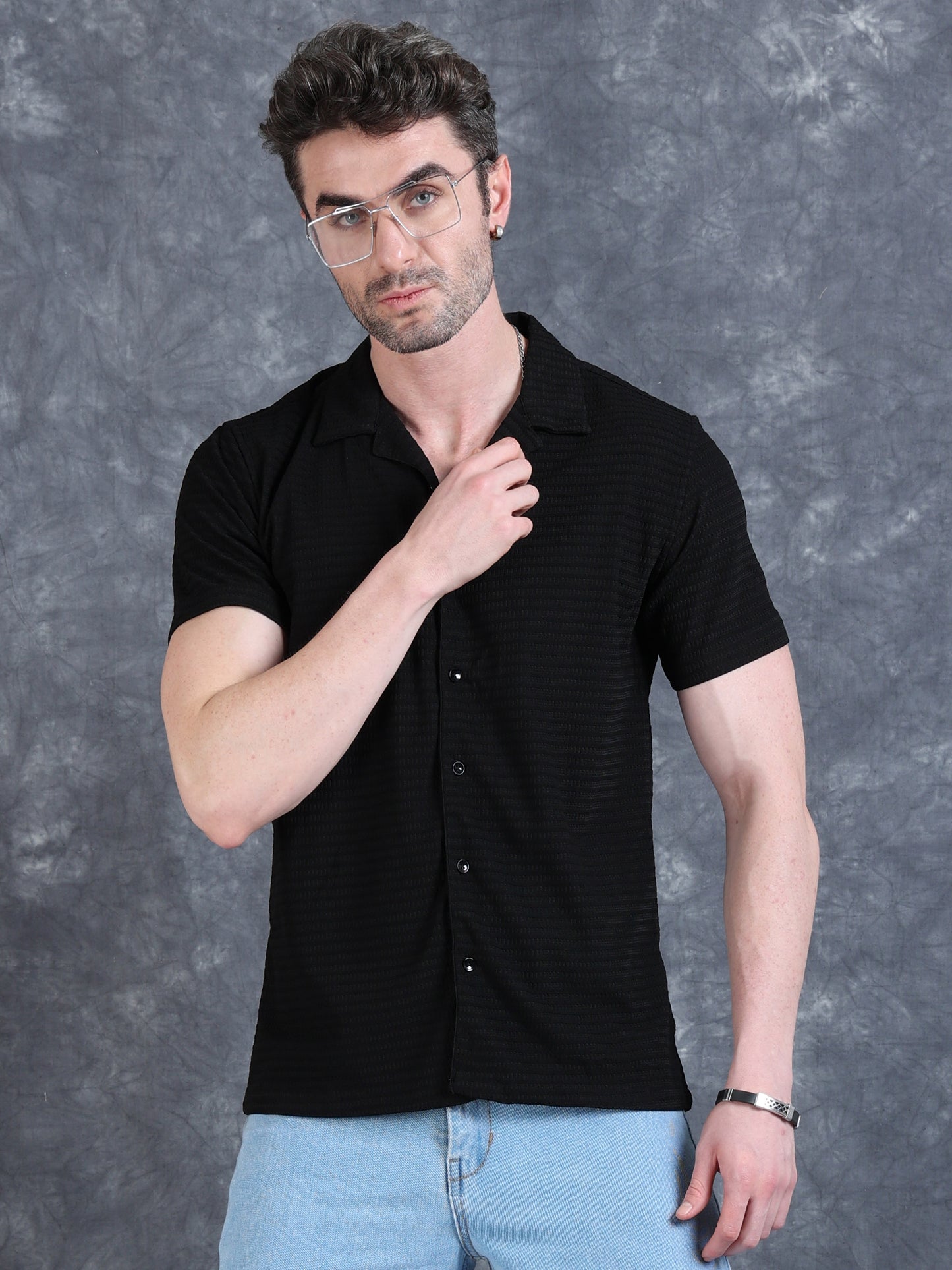 Imported Taiwan Sunset Plaid Textured Shirt -Black