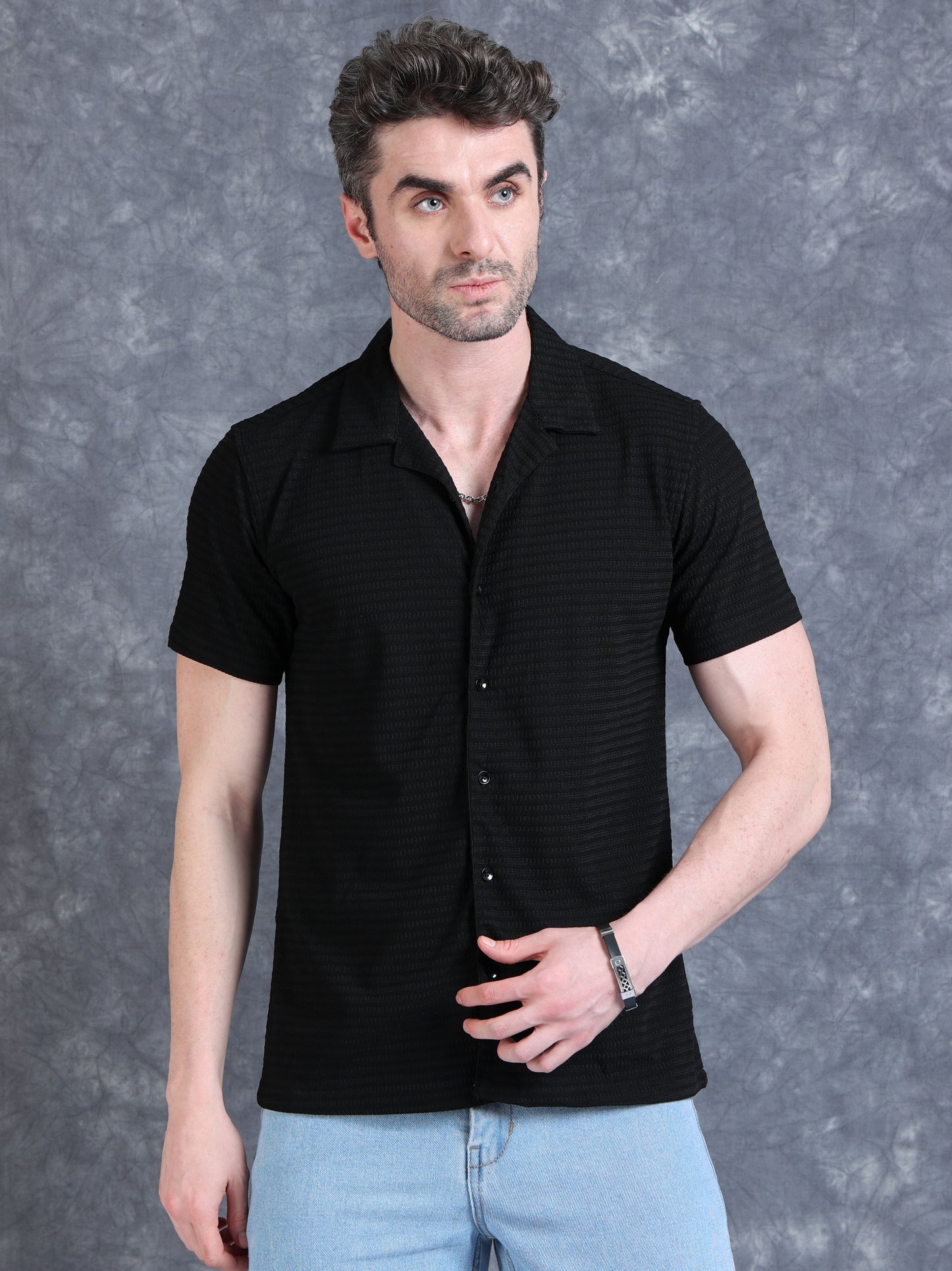 Imported Taiwan Sunset Plaid Textured Shirt -Black