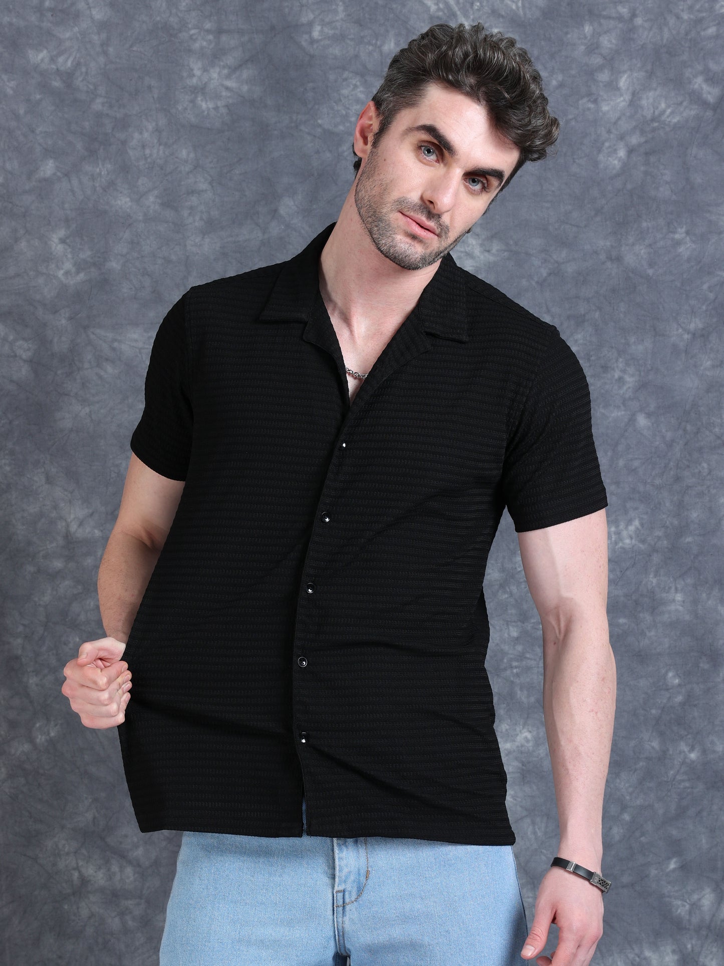 Imported Taiwan Sunset Plaid Textured Shirt -Black