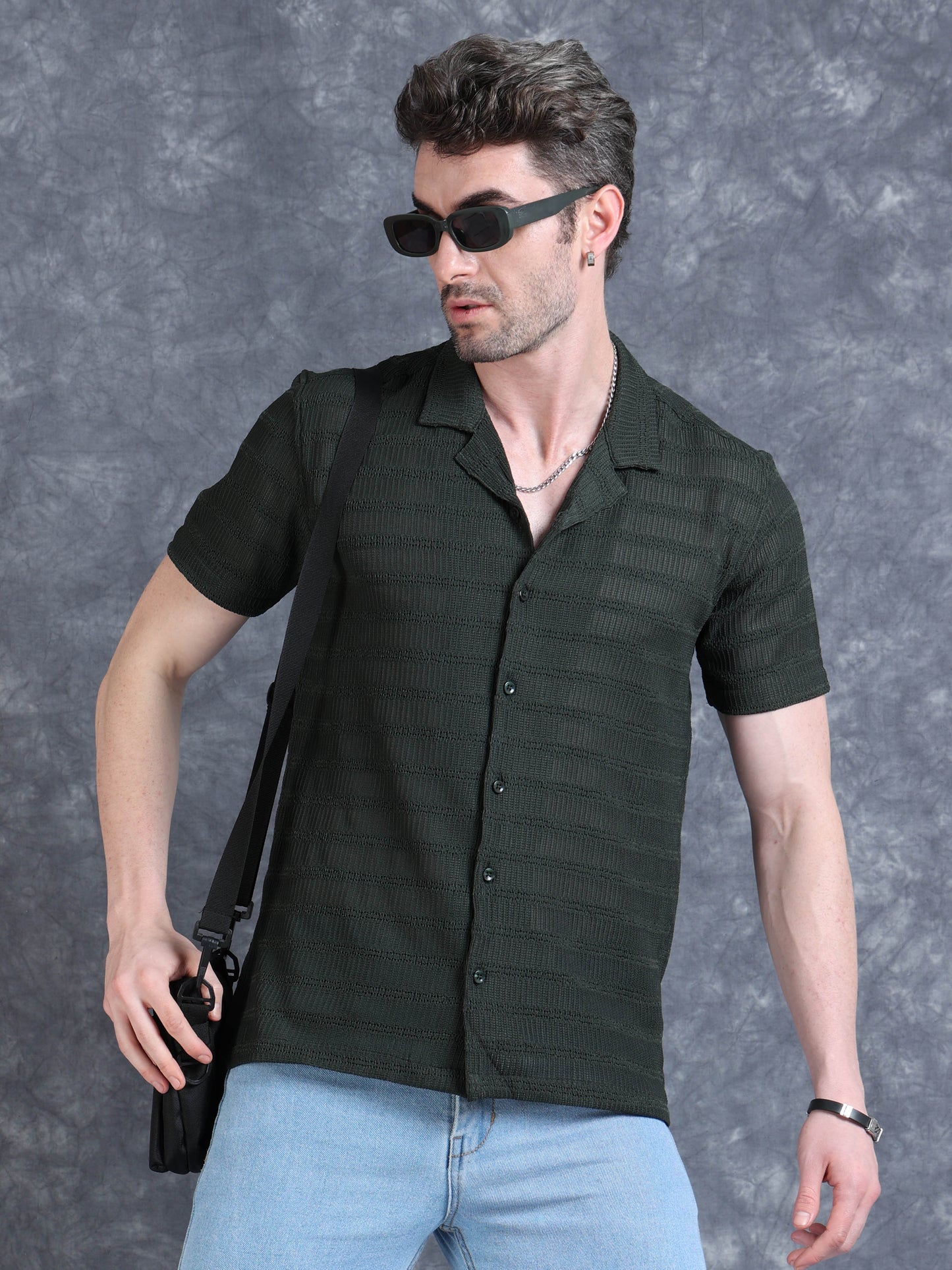 Imported Taiwan Stripe Textured Shirt - Olive