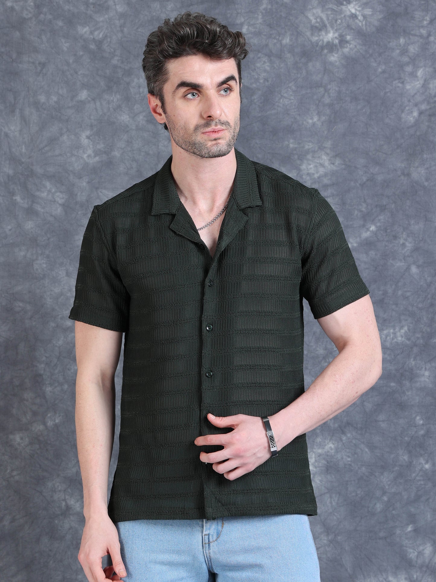 Imported Taiwan Stripe Textured Shirt - Olive