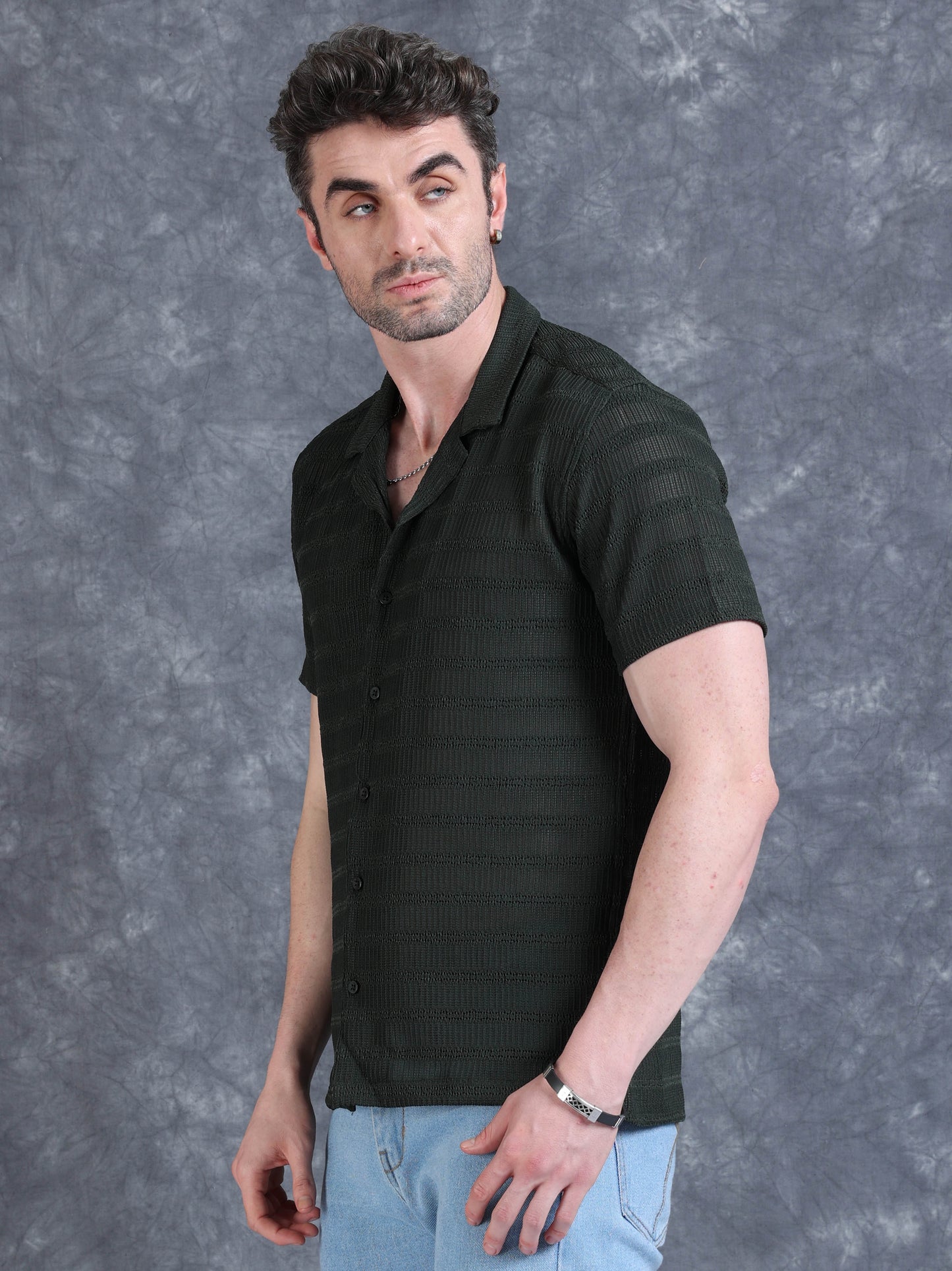 Imported Taiwan Stripe Textured Shirt - Olive