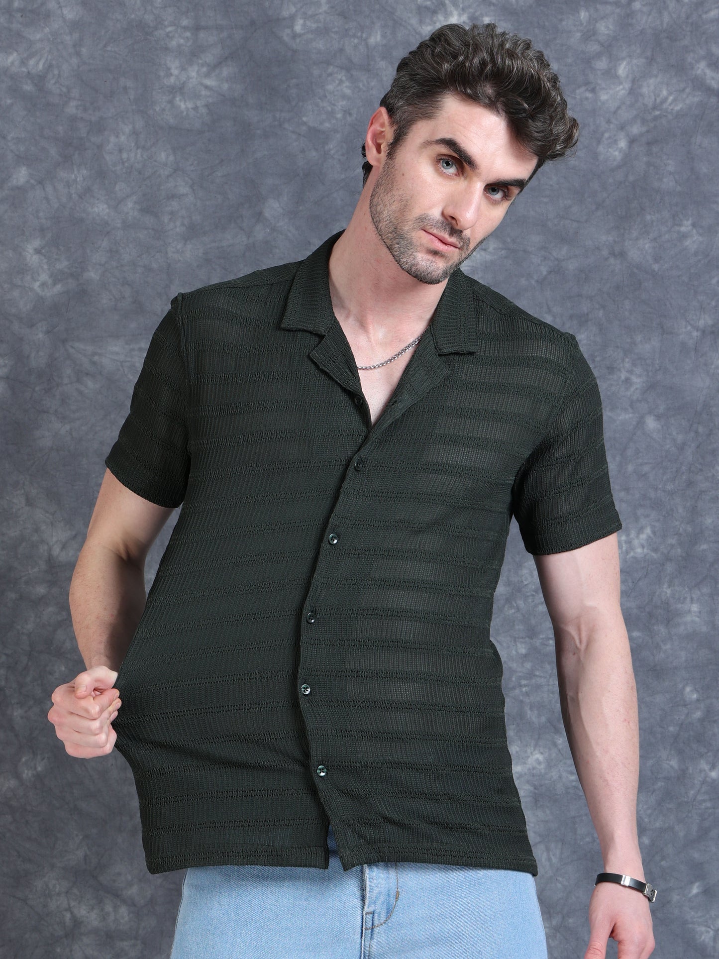 Imported Taiwan Stripe Textured Shirt - Olive