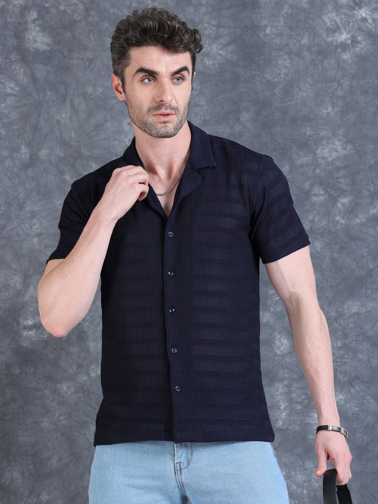 Imported Taiwan Stripe Textured Shirt - Navy