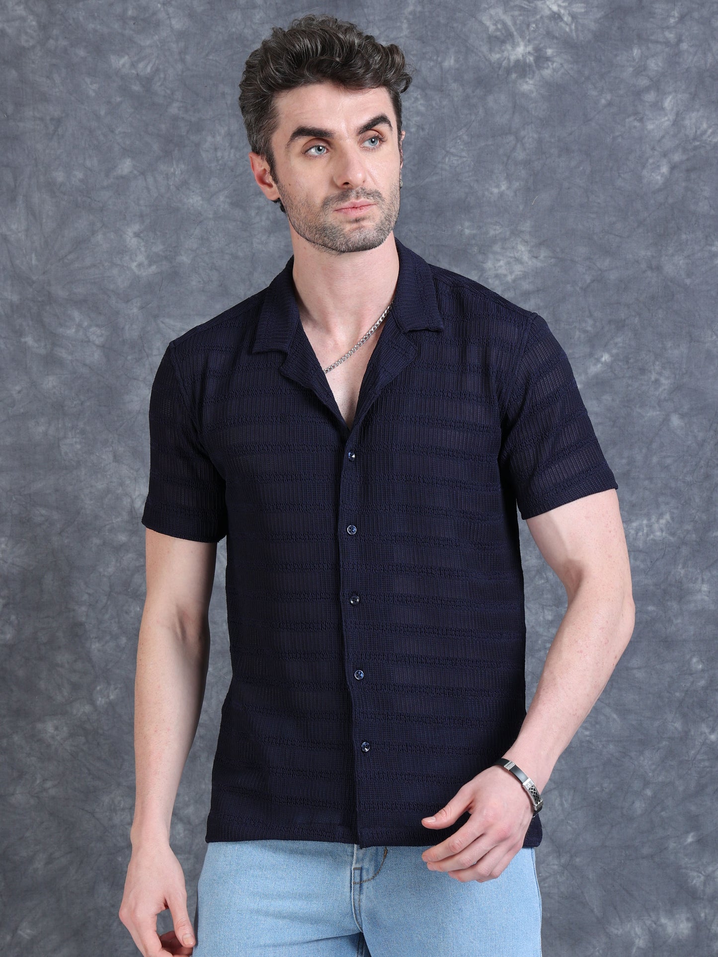 Imported Taiwan Stripe Textured Shirt - Navy