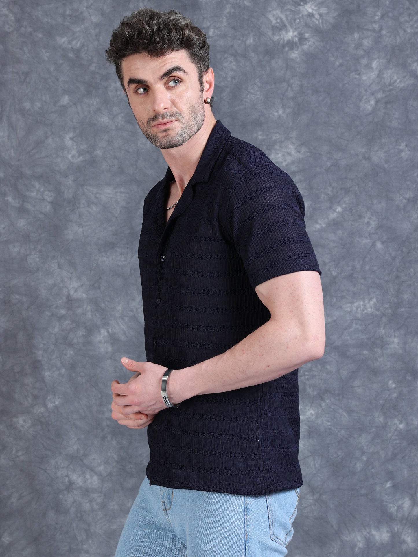Imported Taiwan Stripe Textured Shirt - Navy