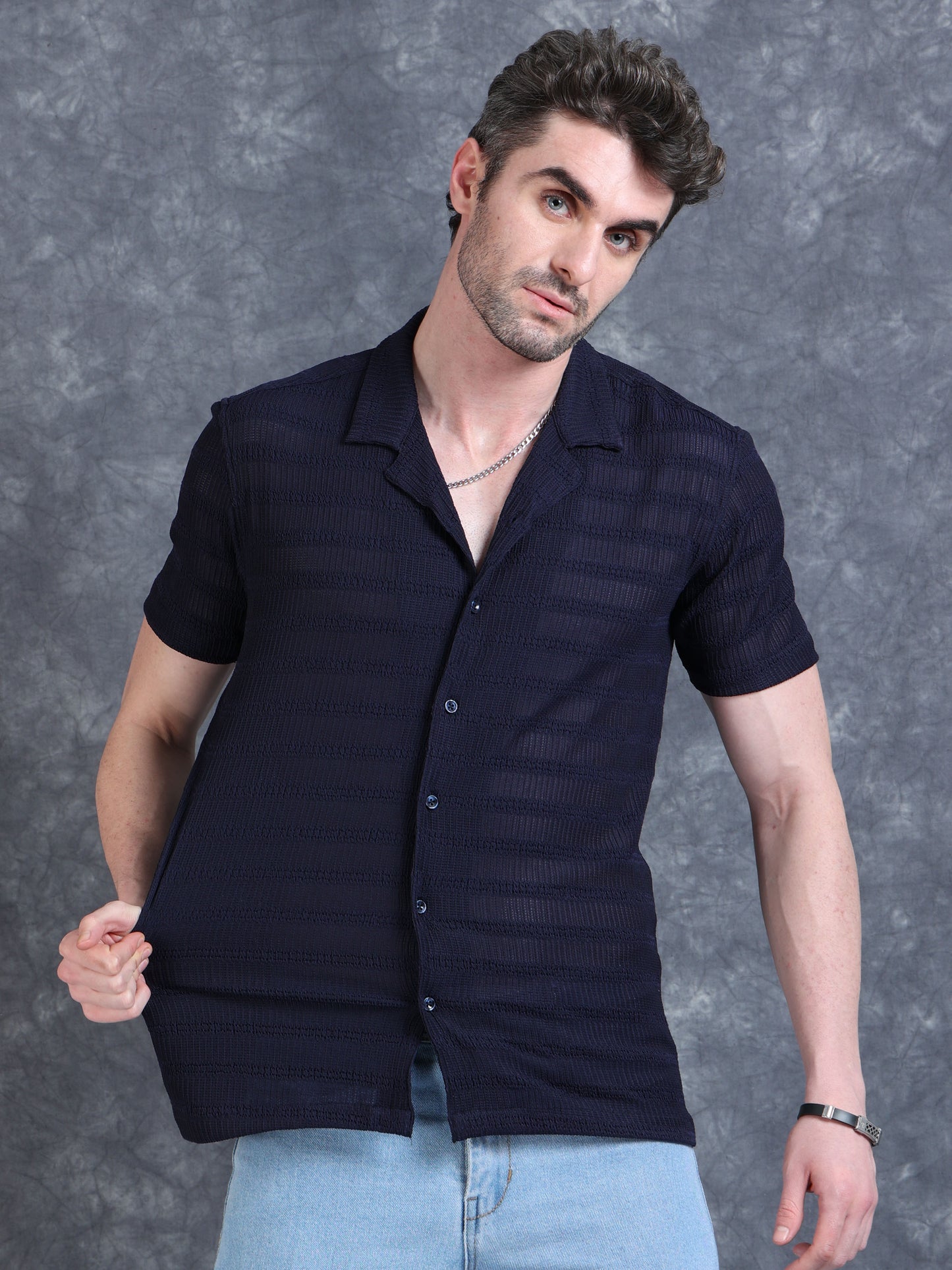 Imported Taiwan Stripe Textured Shirt - Navy