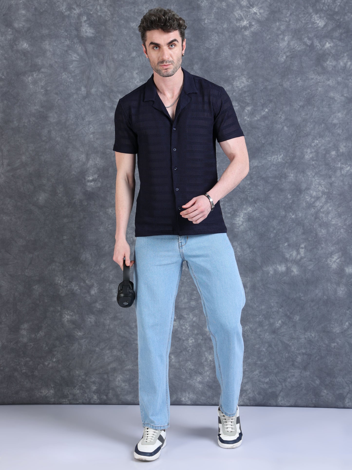 Imported Taiwan Stripe Textured Shirt - Navy