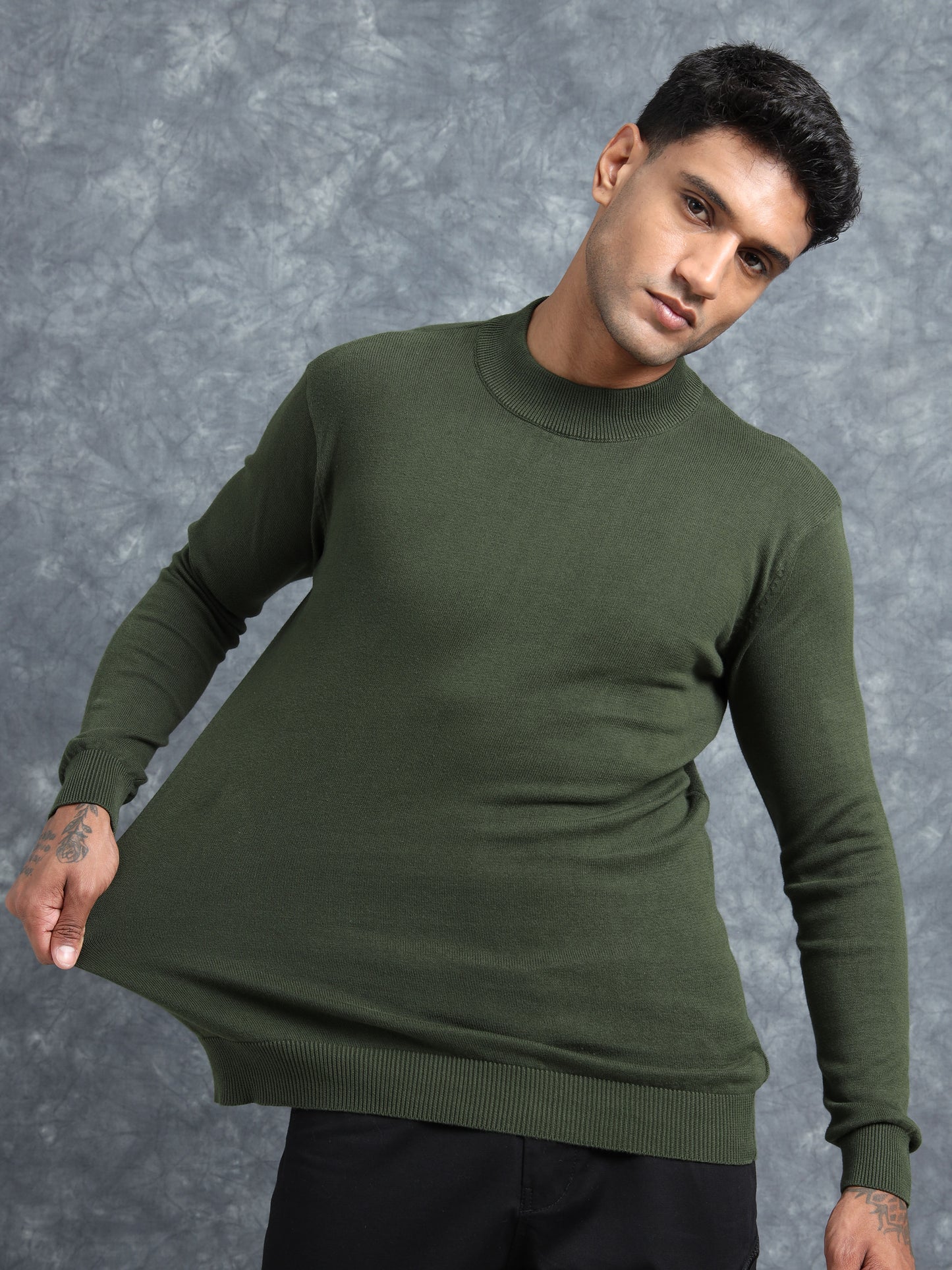 Olive Ribbed Texture Full Sleeve T-Shirt
