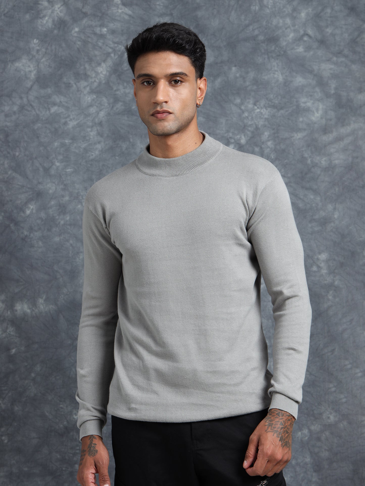 Grey Melange Cotton Knitted Full Sleeve T-Shirt
