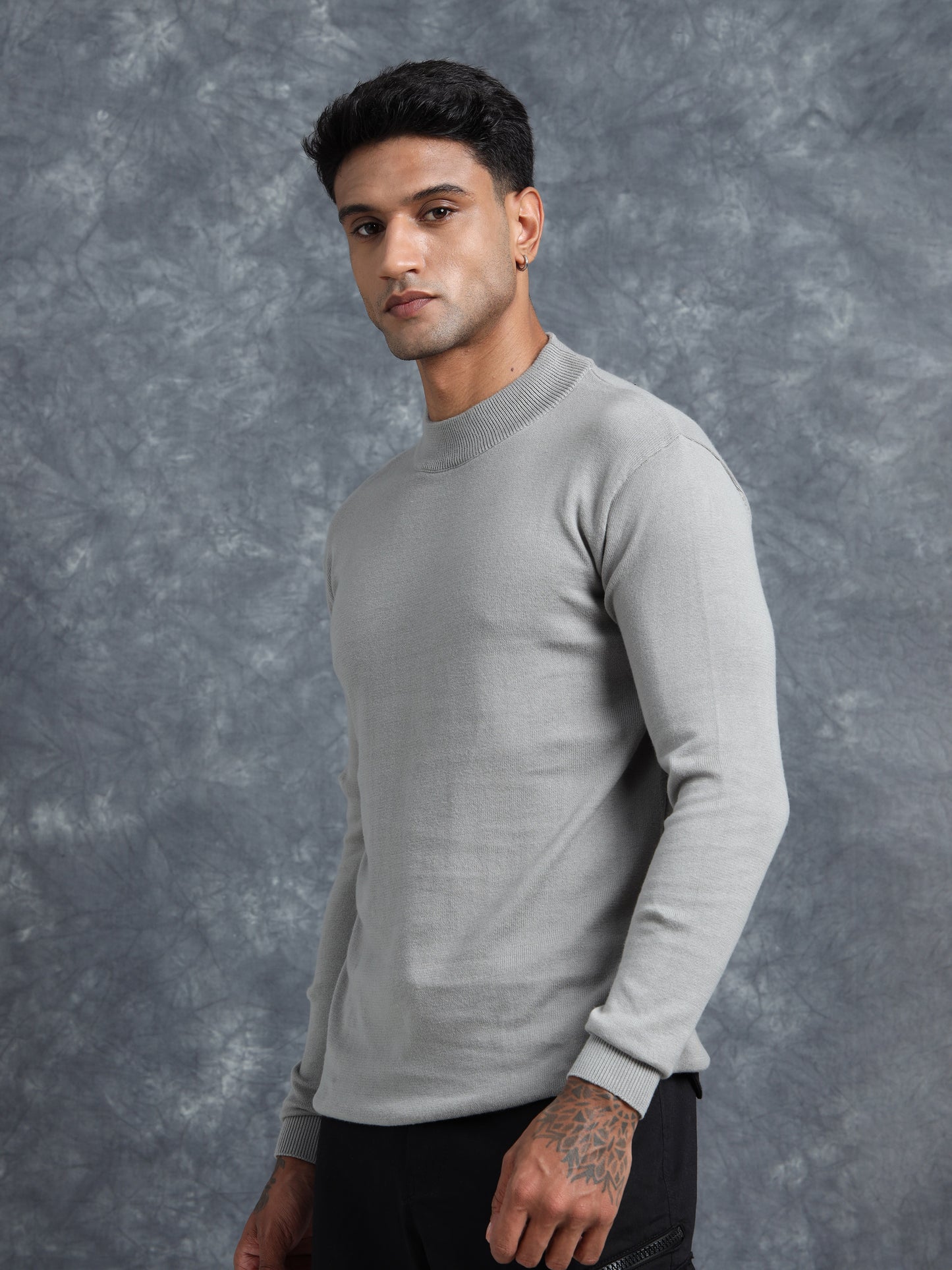 Grey Melange Cotton Knitted Full Sleeve T-Shirt