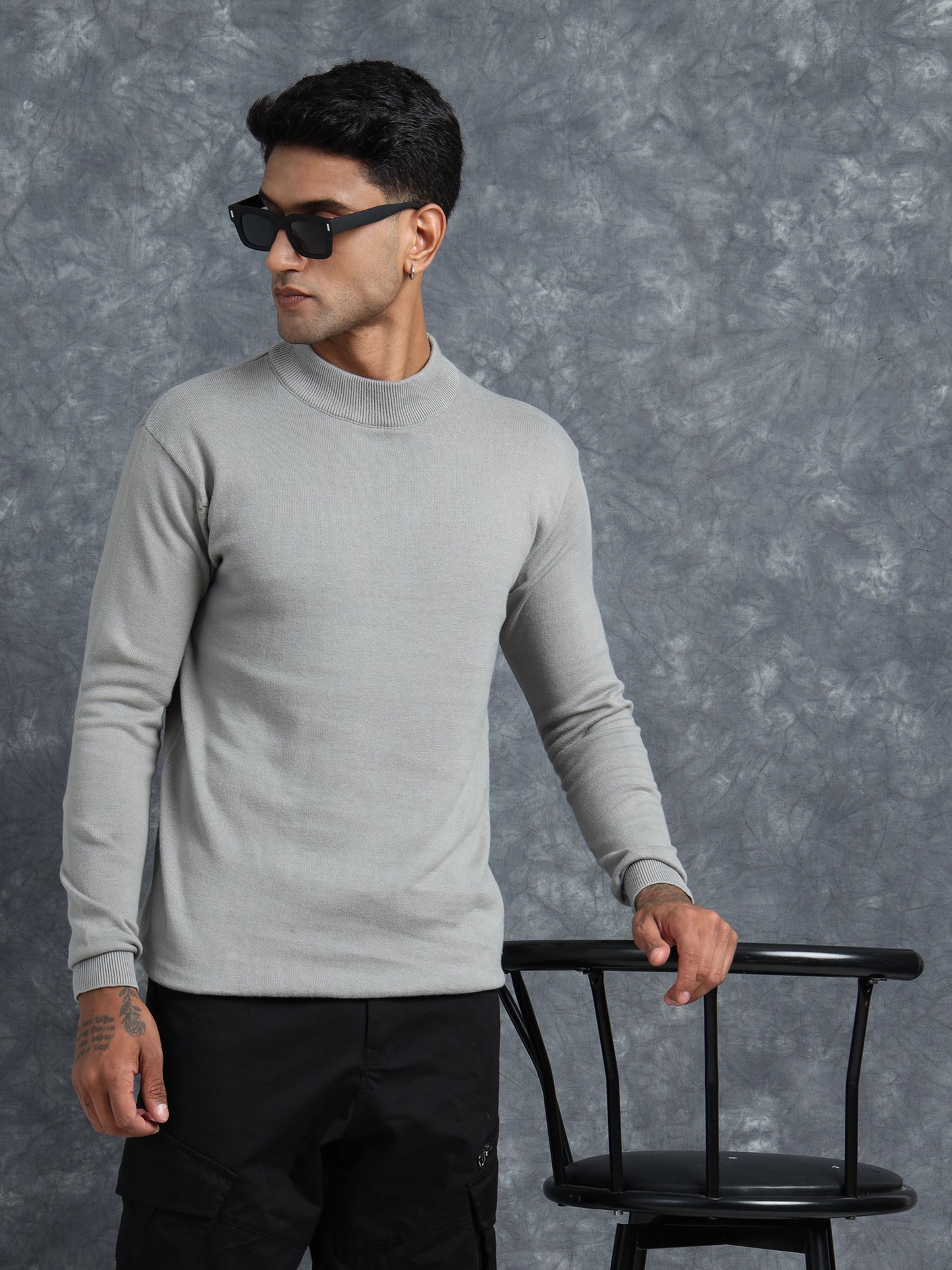 Grey Melange Cotton Knitted Full Sleeve T-Shirt