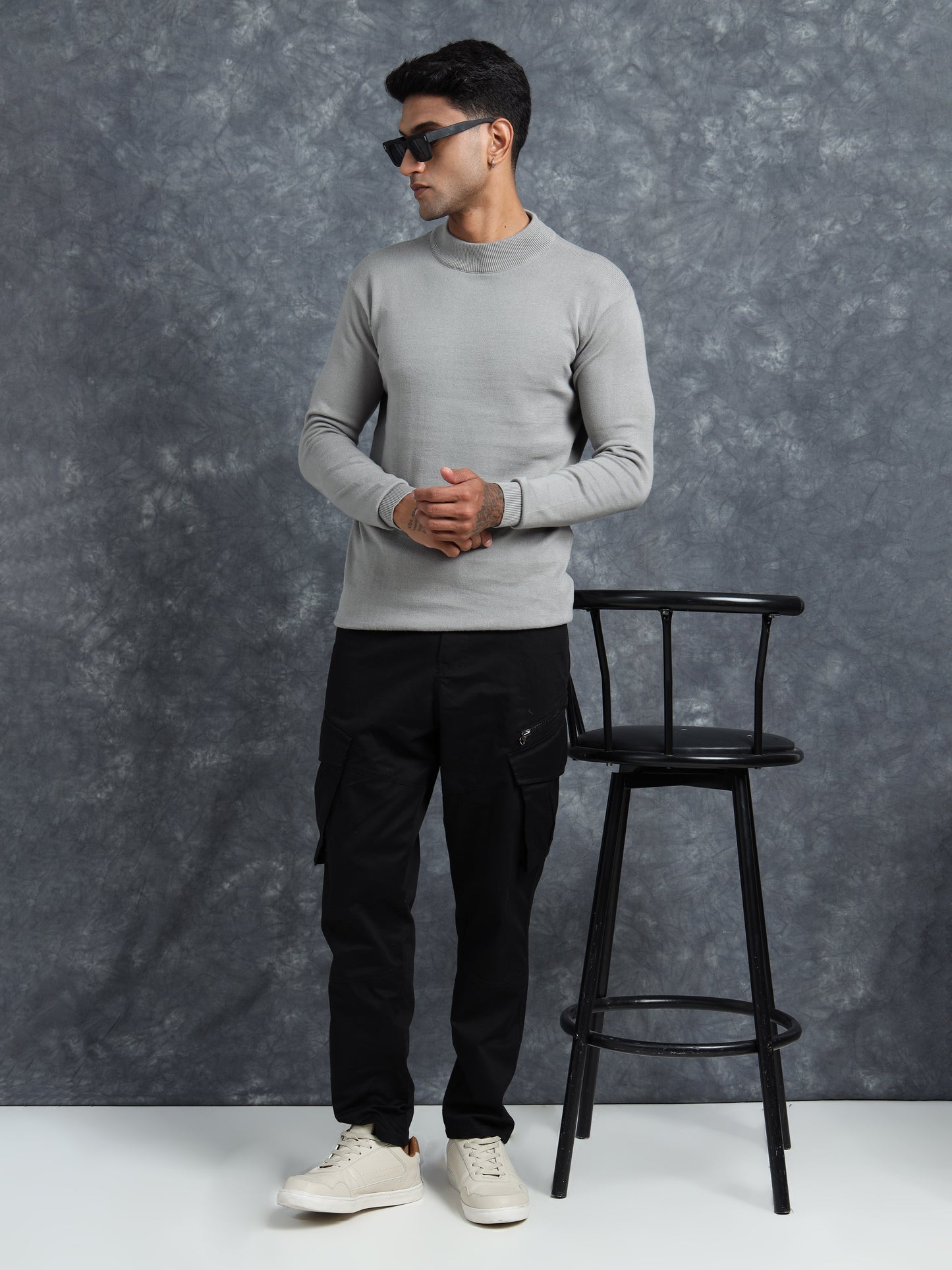 Grey Melange Cotton Knitted Full Sleeve T-Shirt