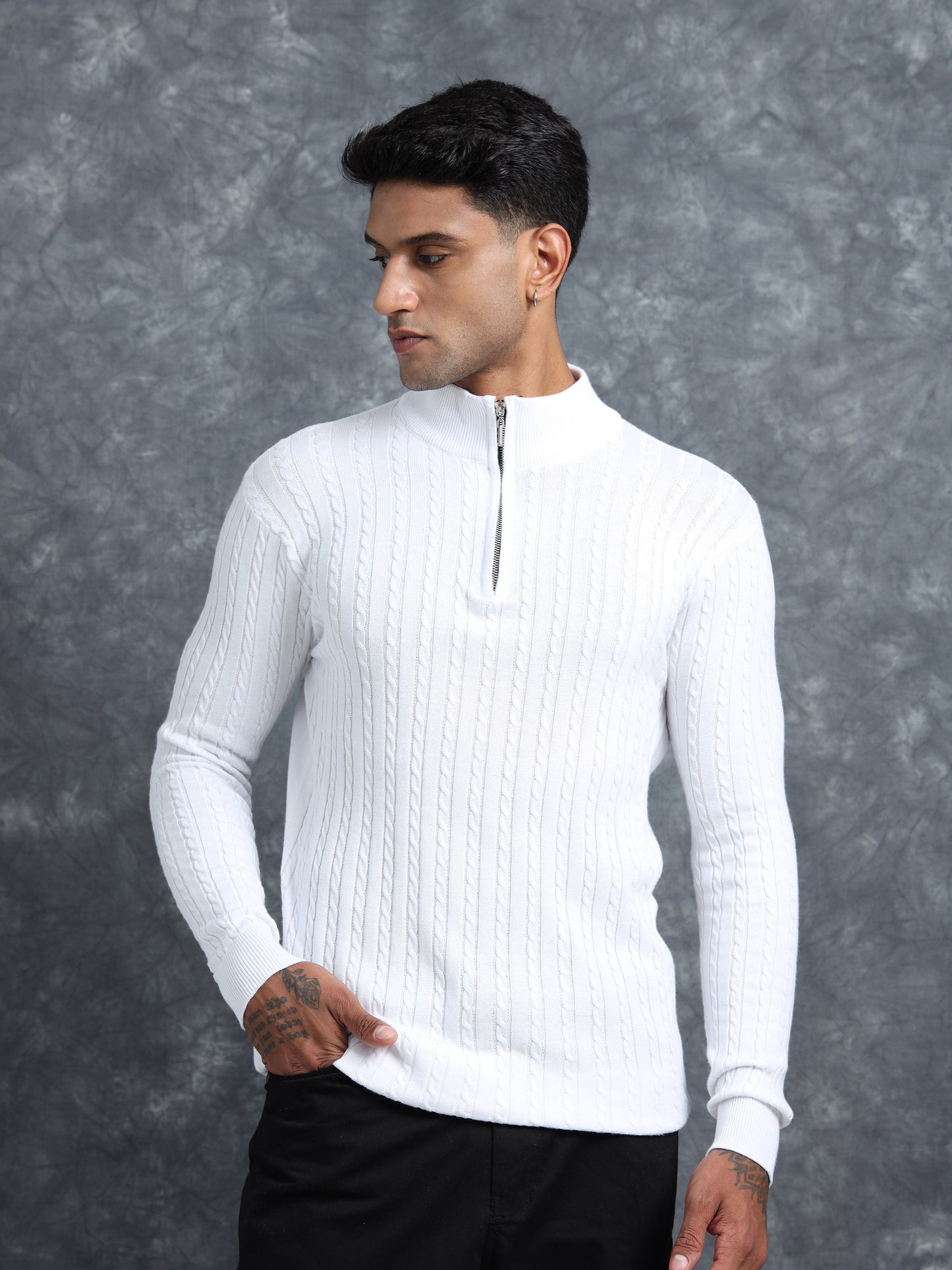White Cotton Knitted Full Sleeve T-Shirt