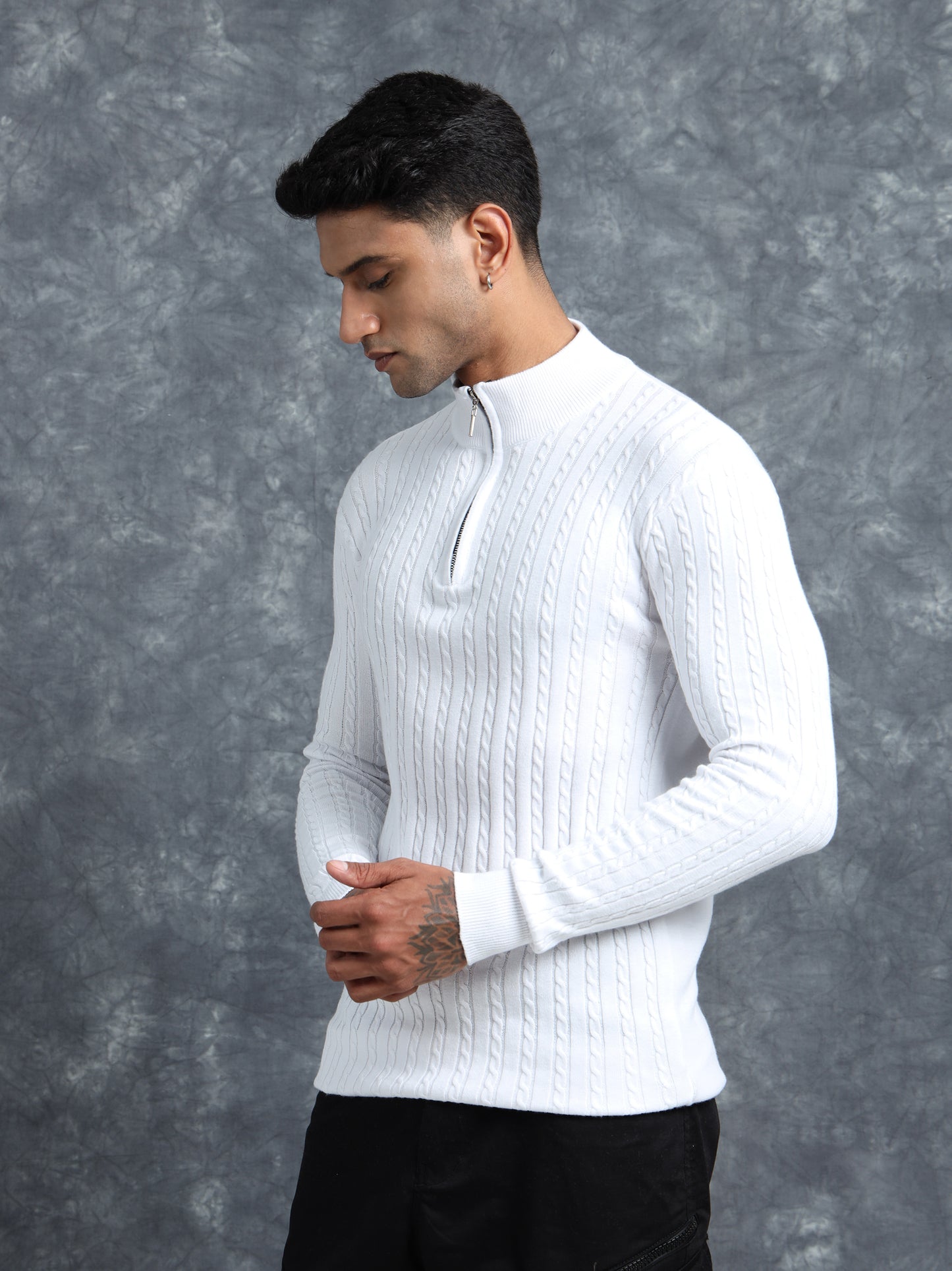 White Cotton Knitted Full Sleeve T-Shirt