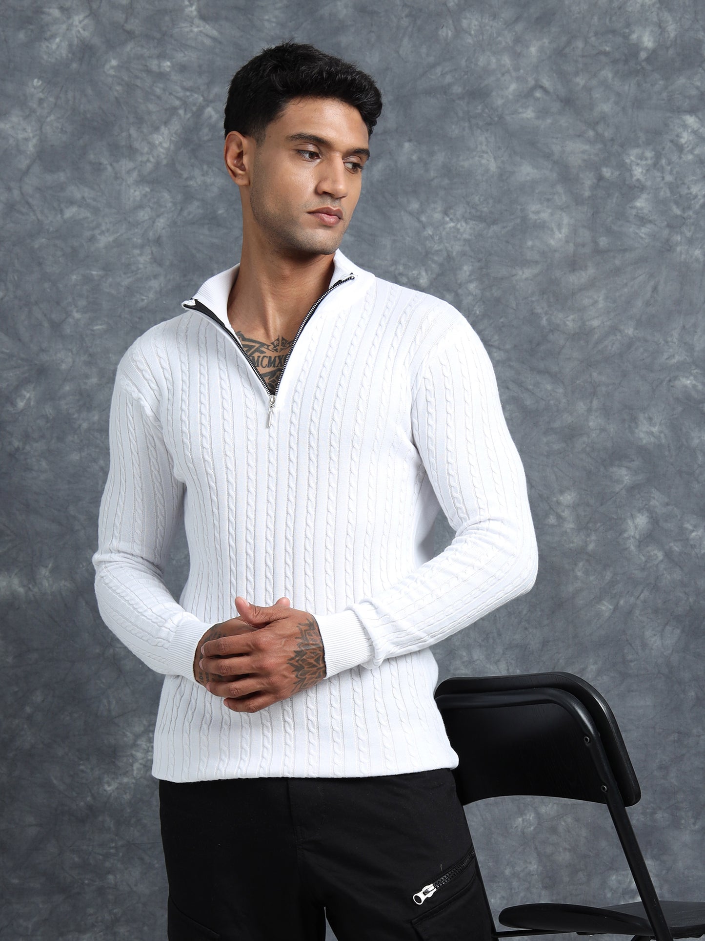 White Cotton Knitted Full Sleeve T-Shirt