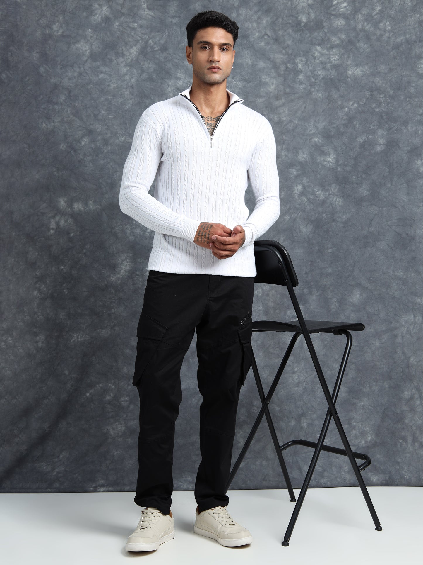 White Cotton Knitted Full Sleeve T-Shirt