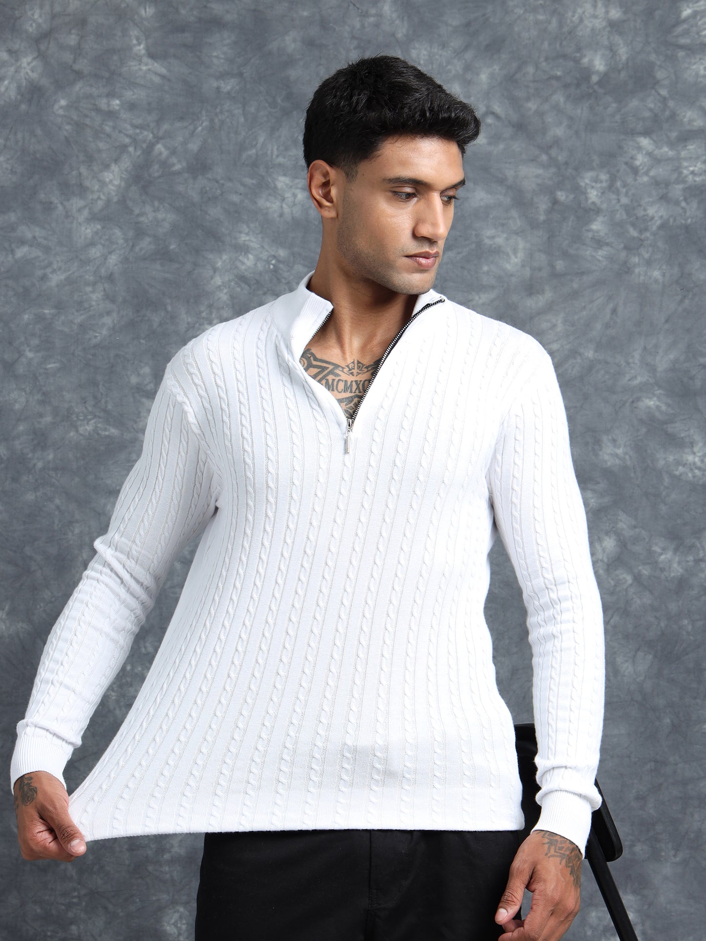 White Cotton Knitted Full Sleeve T-Shirt