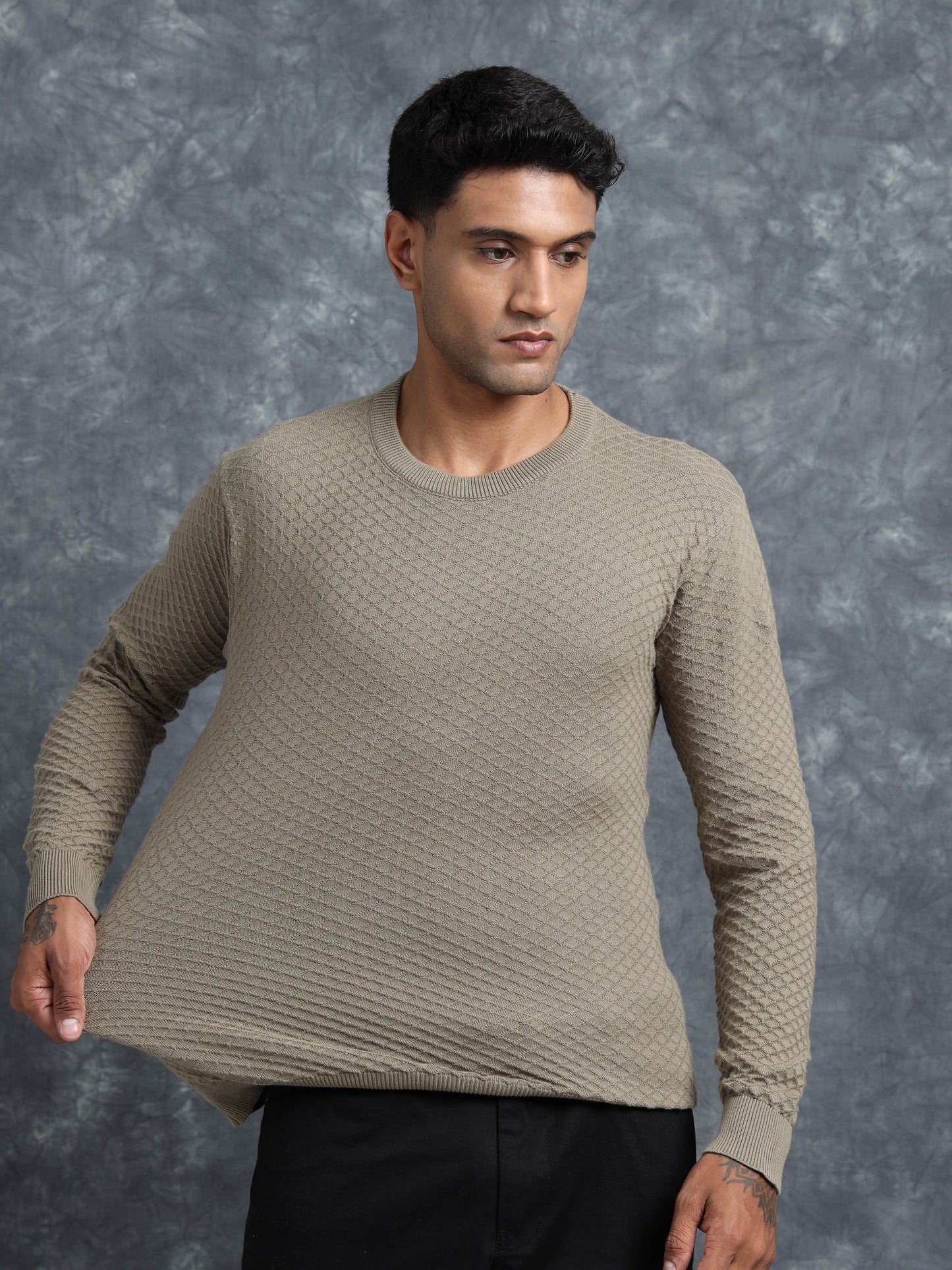 Brown Cotton Knitted Full Sleeve T-Shirt