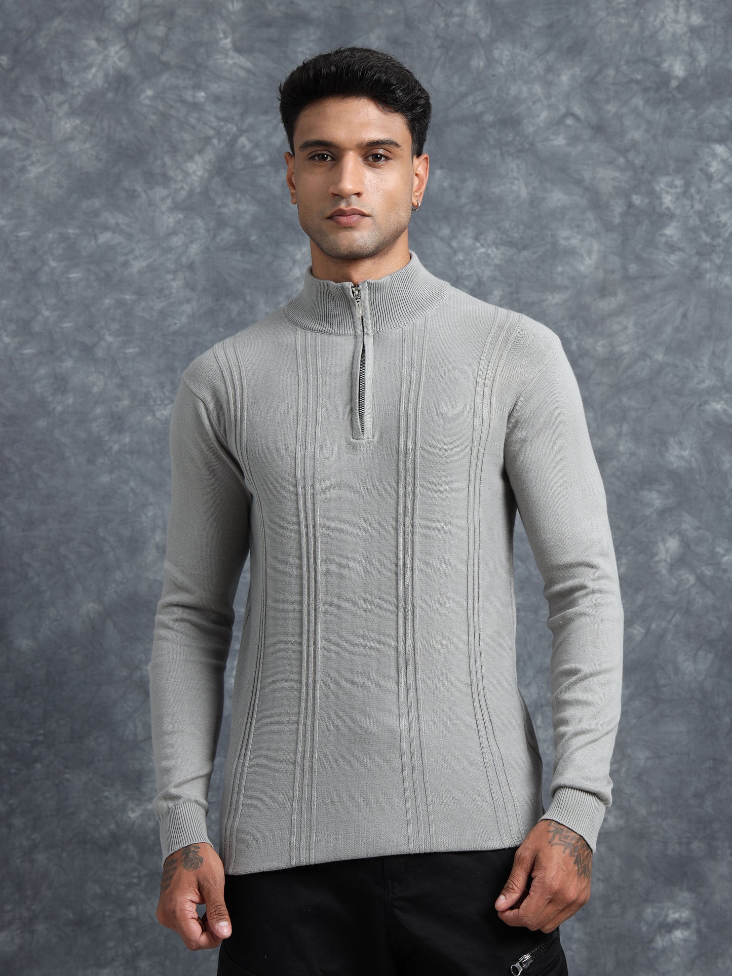 Light Grey Cotton Knitted Zipper Full Sleeve T-Shirt