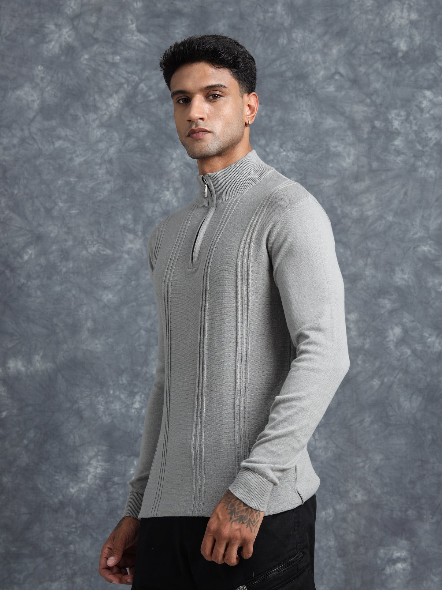Light Grey Cotton Knitted Zipper Full Sleeve T-Shirt