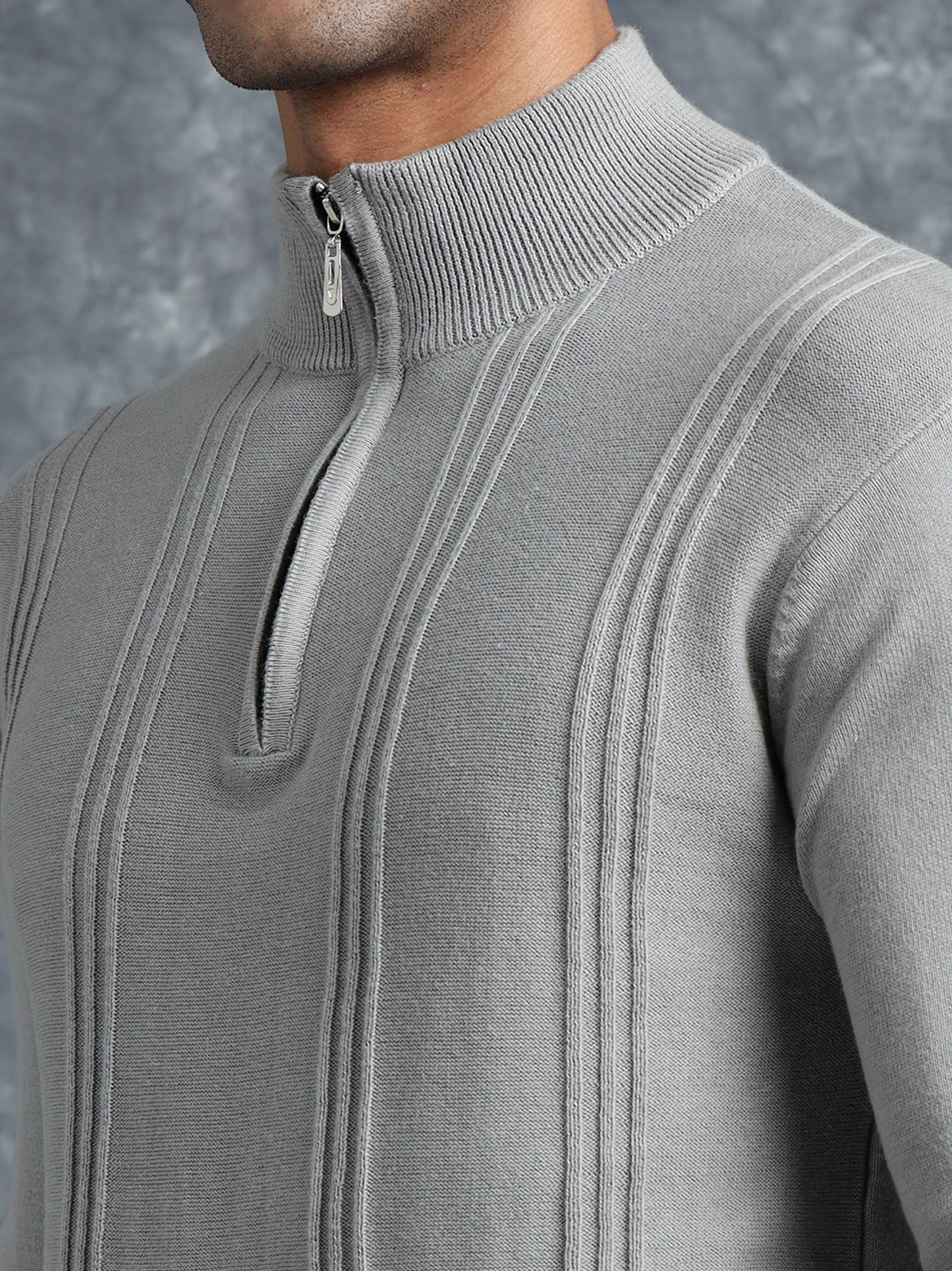 Light Grey Cotton Knitted Zipper Full Sleeve T-Shirt