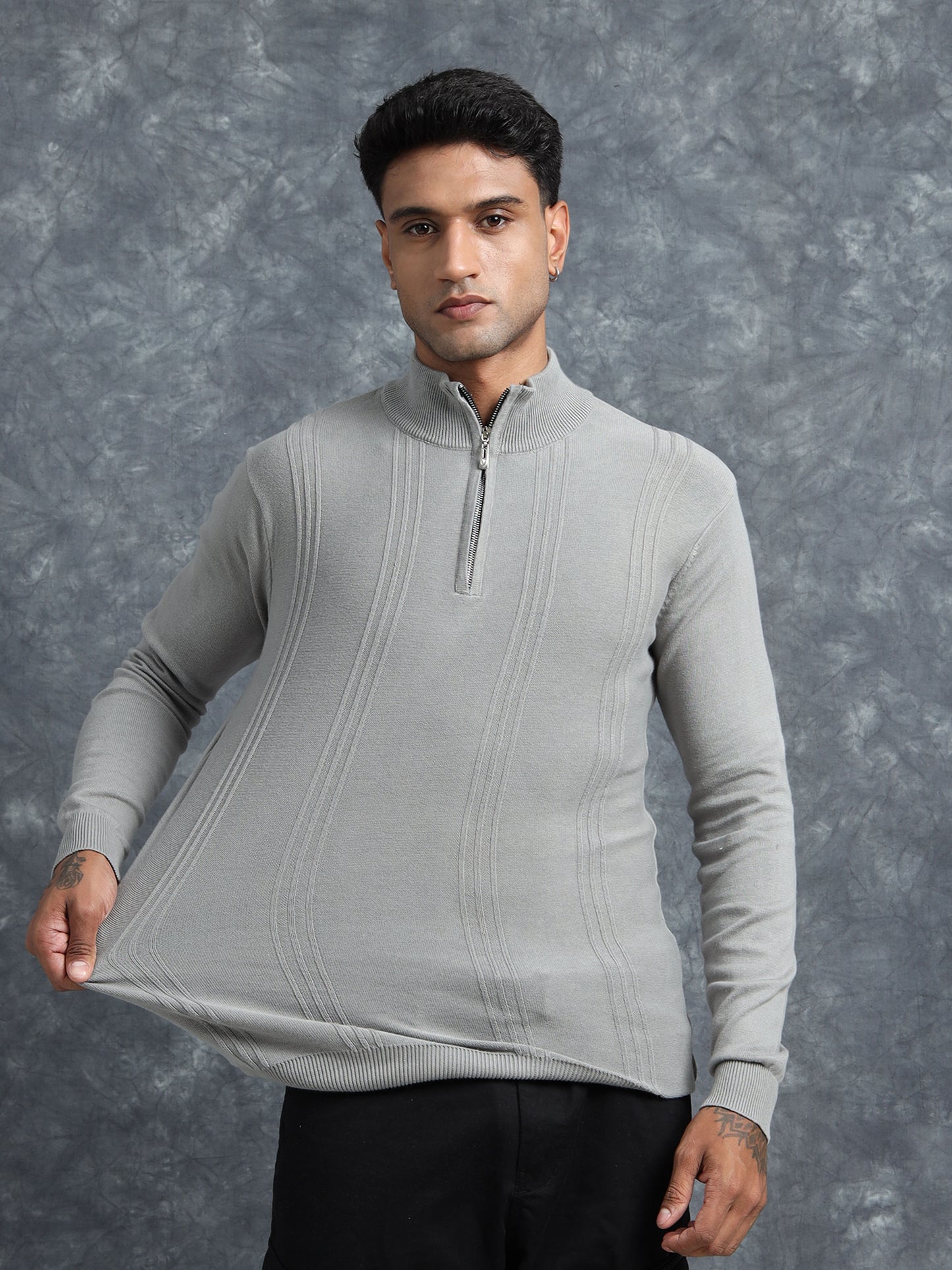 Light Grey Cotton Knitted Zipper Full Sleeve T-Shirt