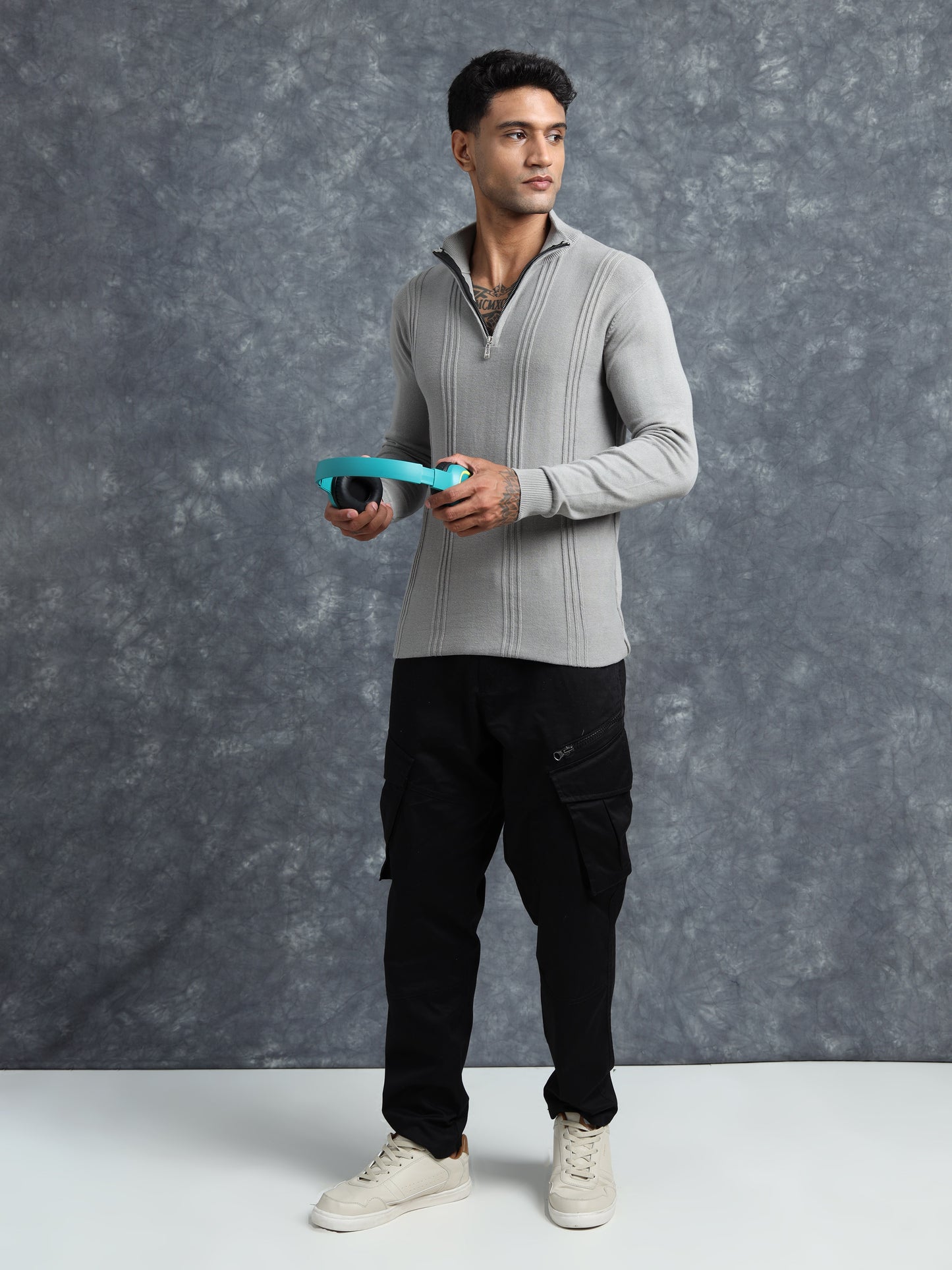 Light Grey Cotton Knitted Zipper Full Sleeve T-Shirt