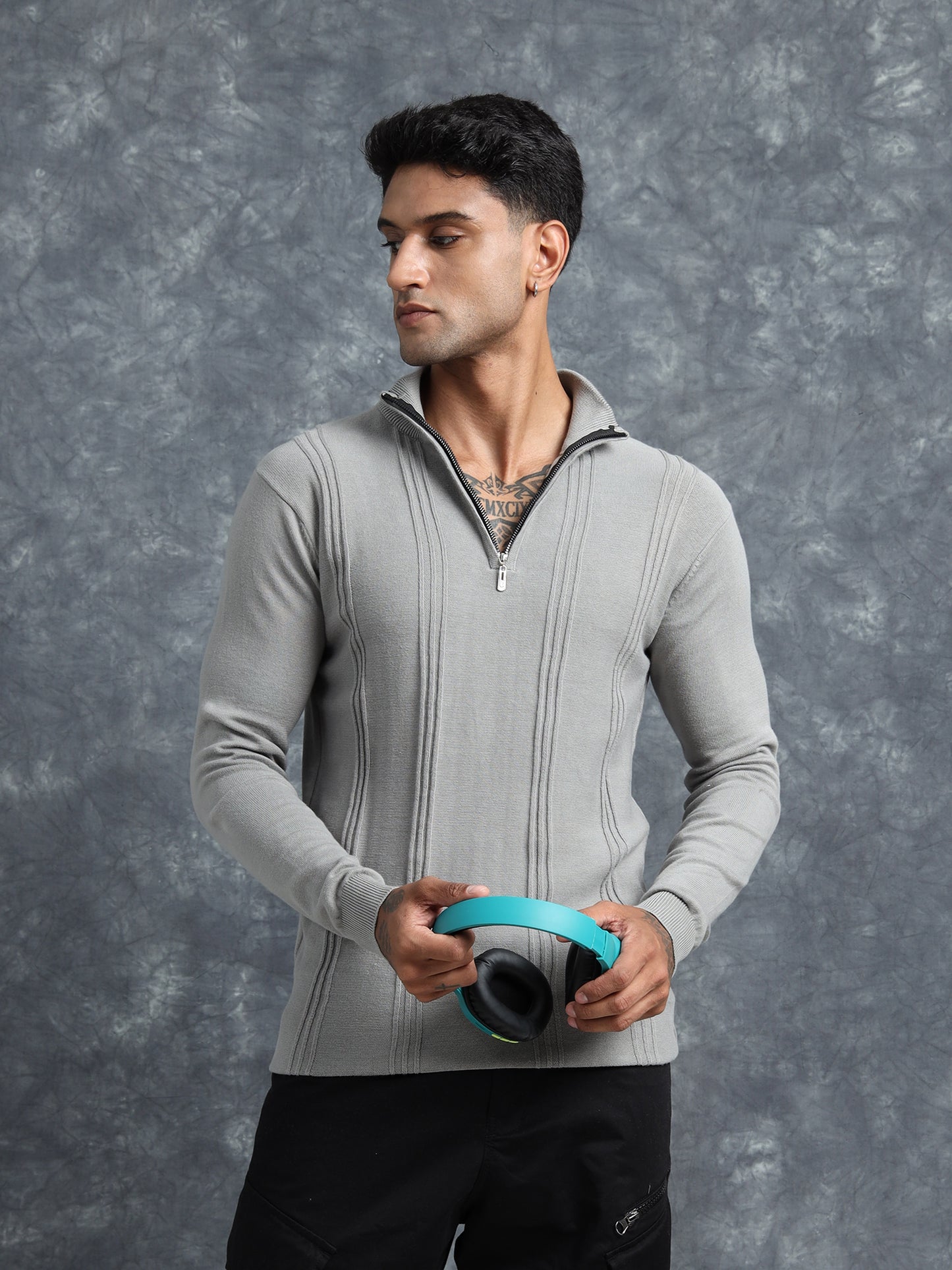Light Grey Cotton Knitted Zipper Full Sleeve T-Shirt