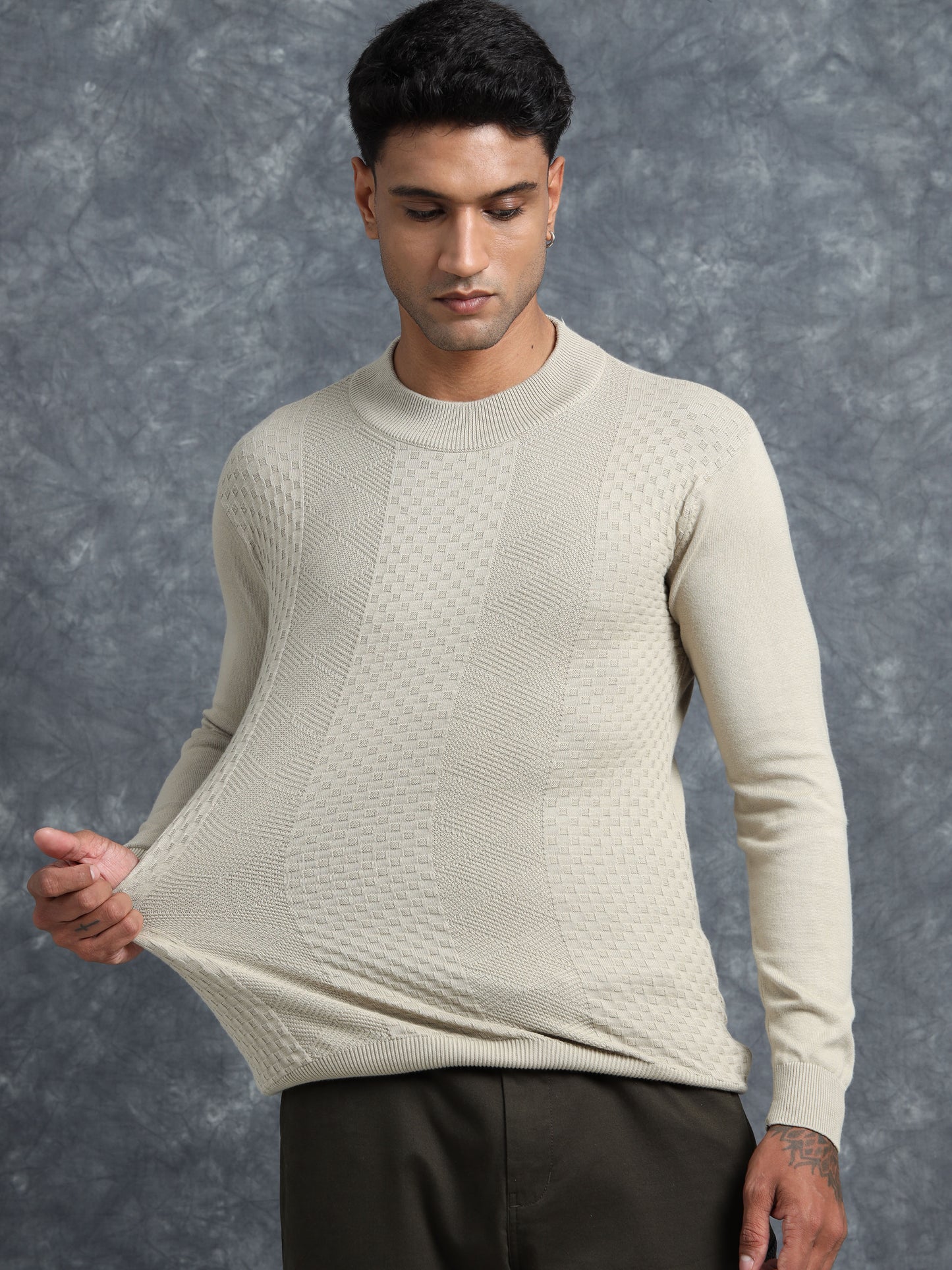 Off White Full Sleeve Knitted T-Shirt