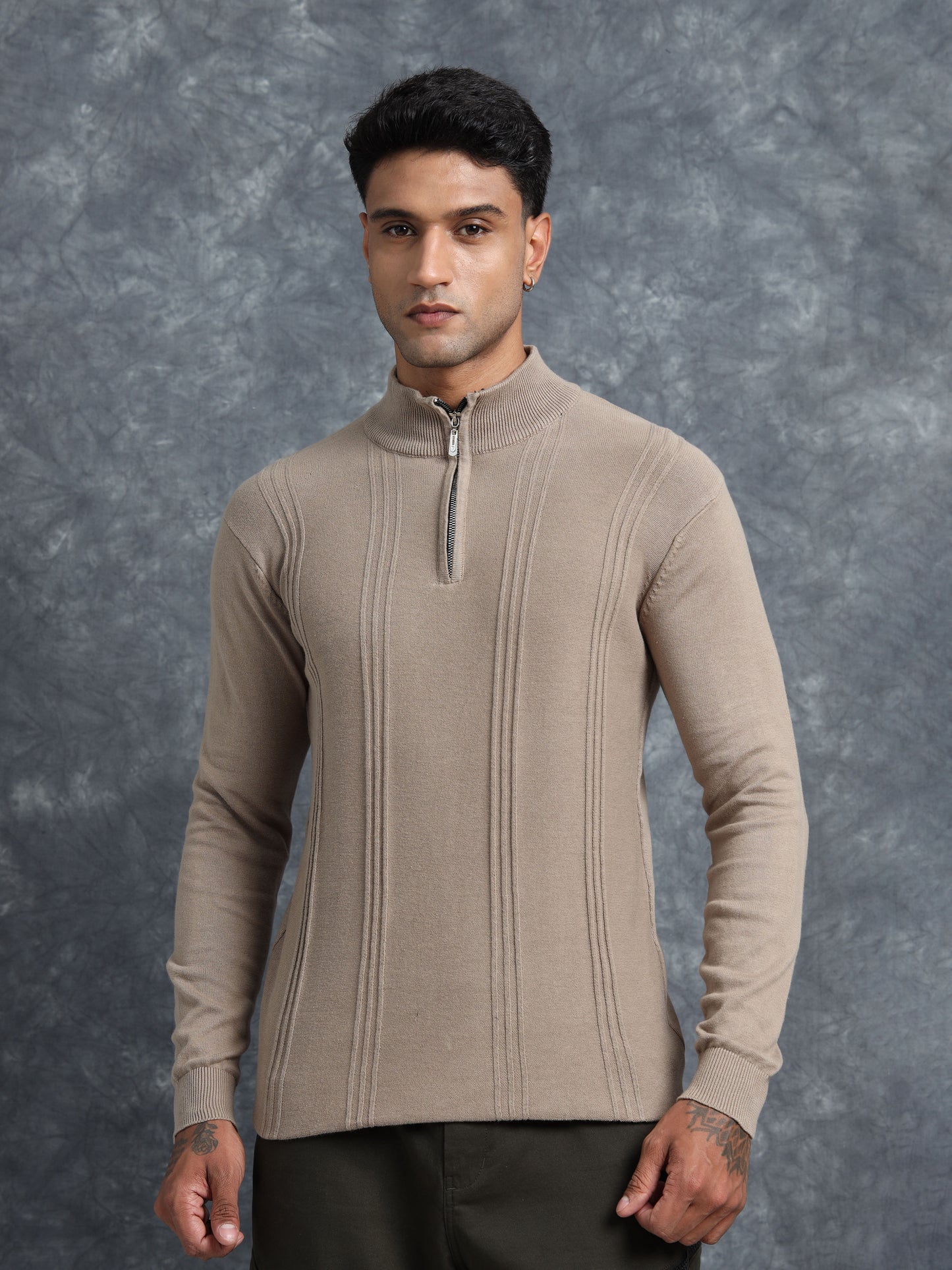 Brown Zipper Full Sleeve Knitted T-Shirt