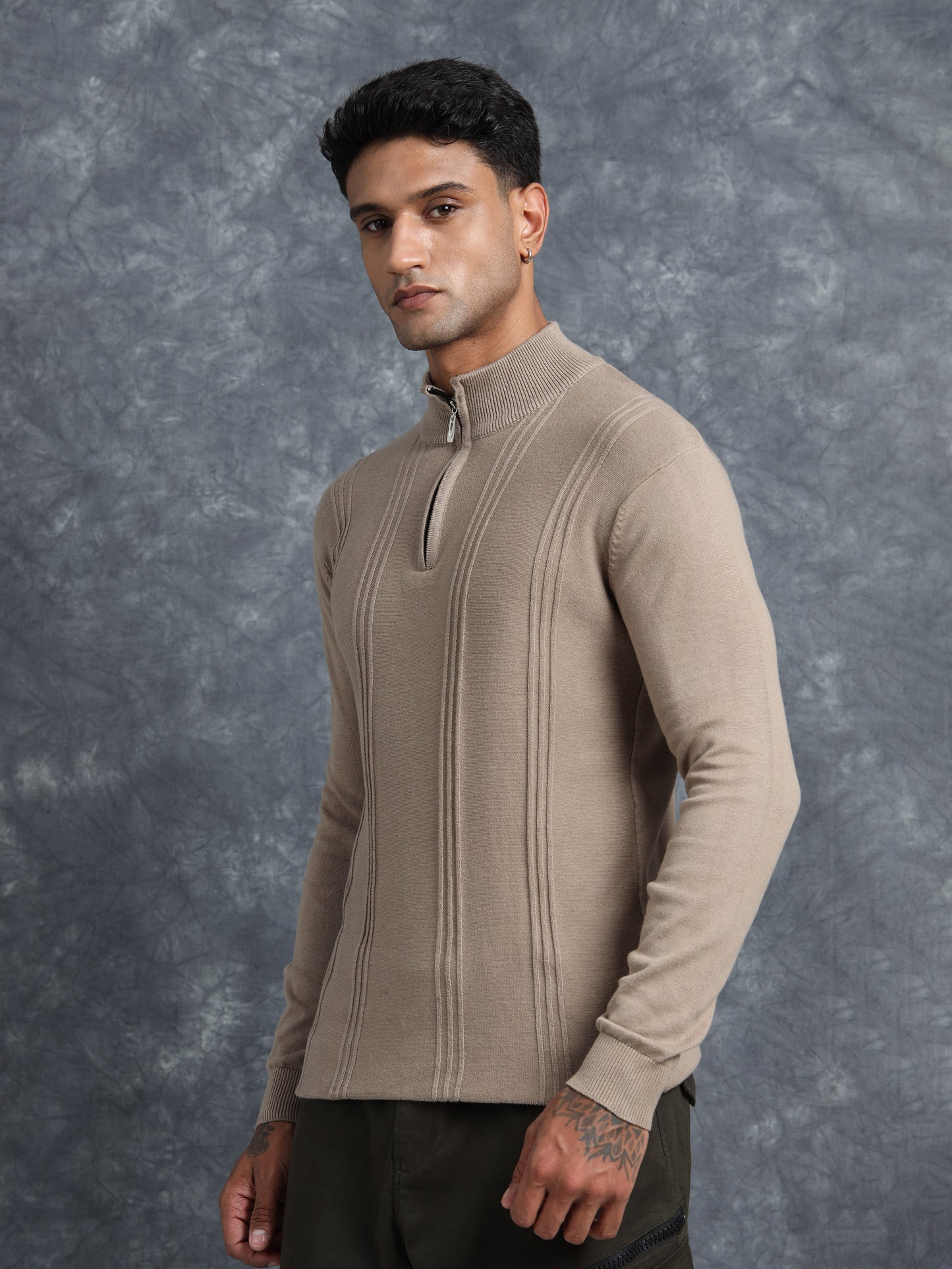 Brown Zipper Full Sleeve Knitted T-Shirt