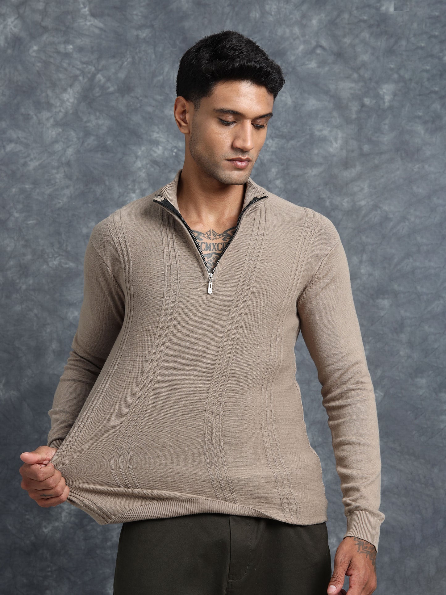 Brown Zipper Full Sleeve Knitted T-Shirt