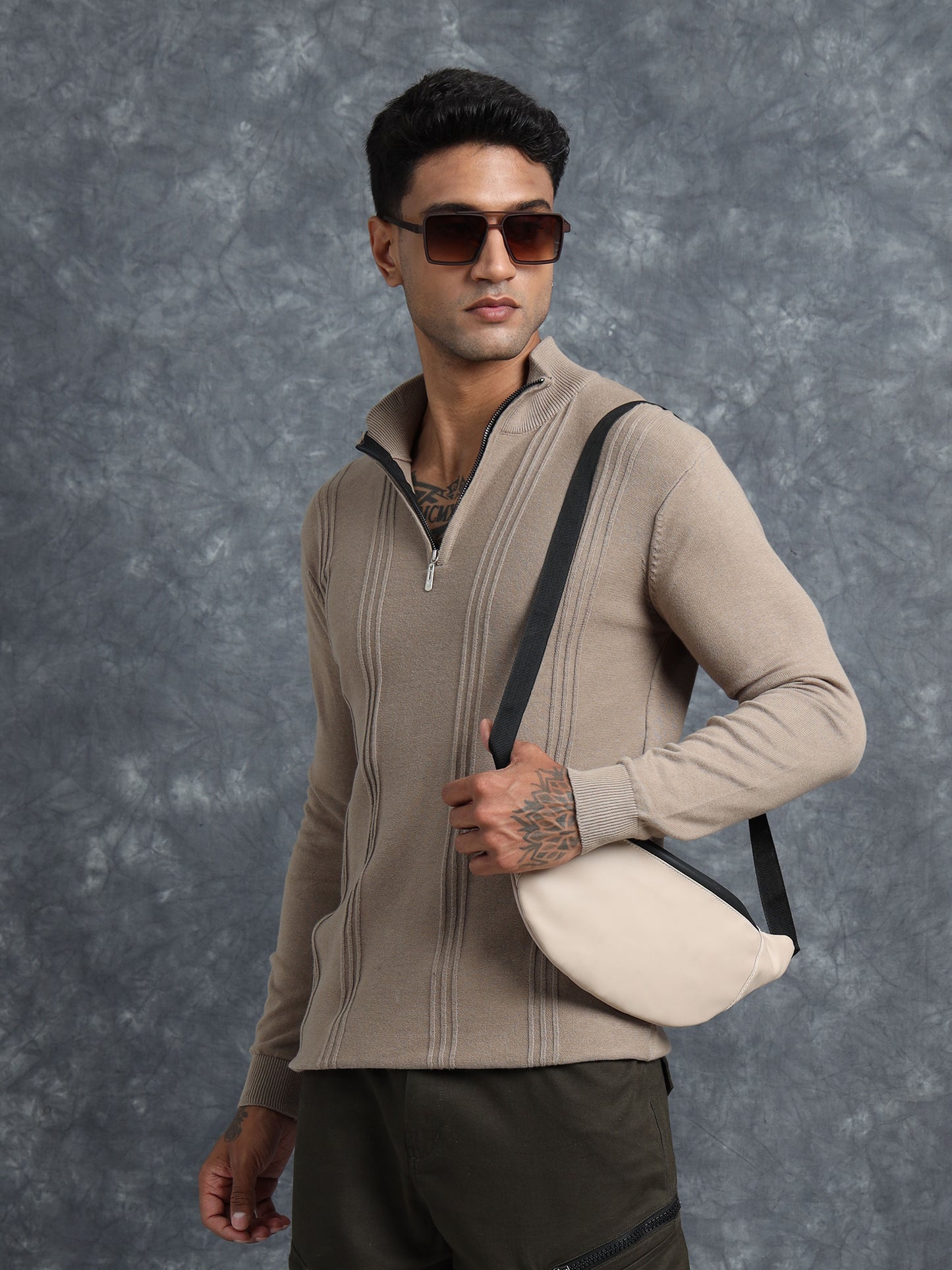 Brown Zipper Full Sleeve Knitted T-Shirt
