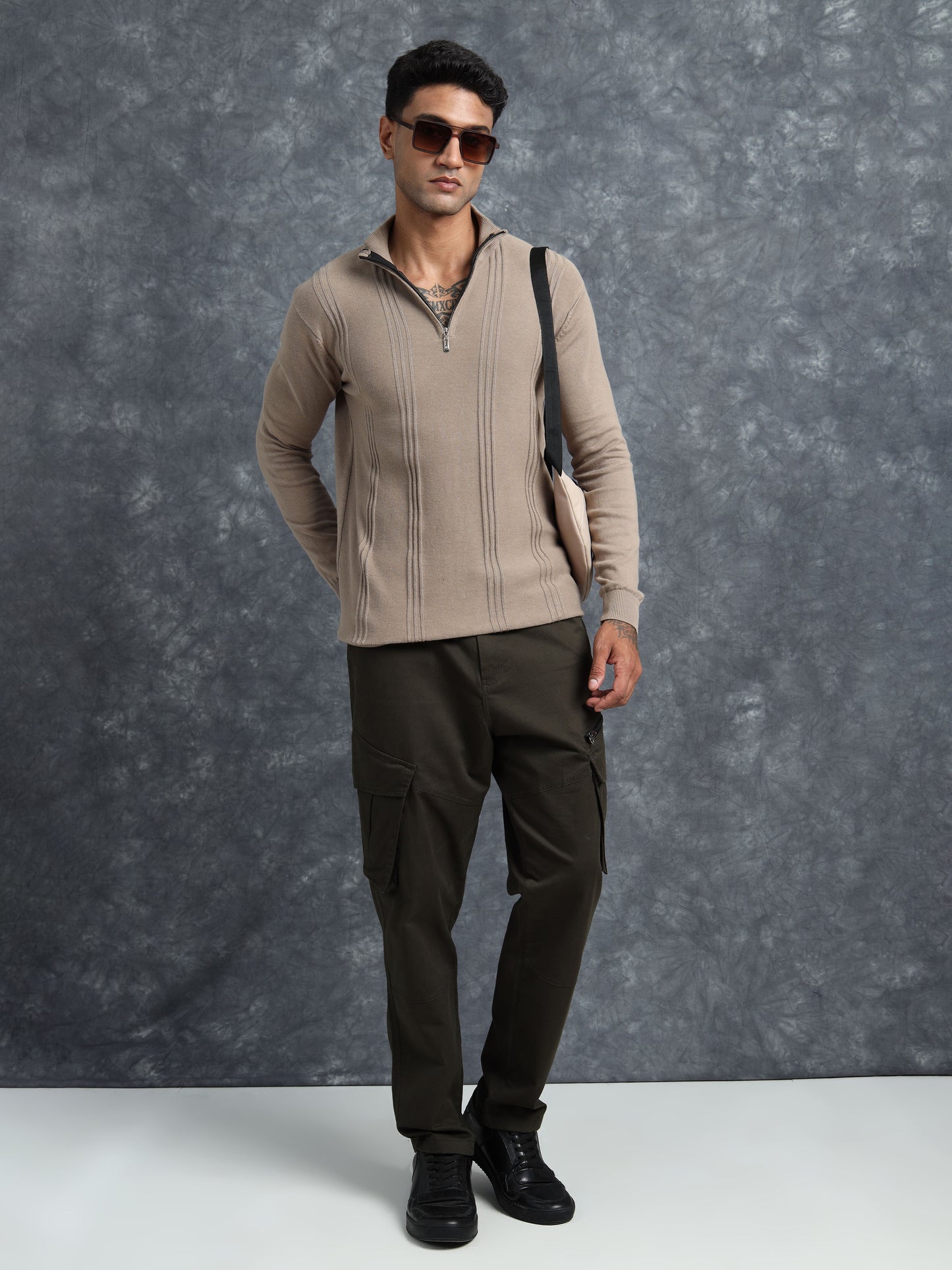 Brown Zipper Full Sleeve Knitted T-Shirt