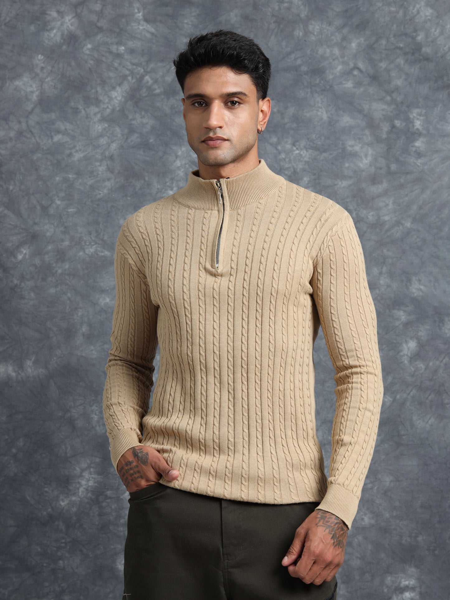 Light Brown Zipper Full Sleeve Knitted T-Shirt