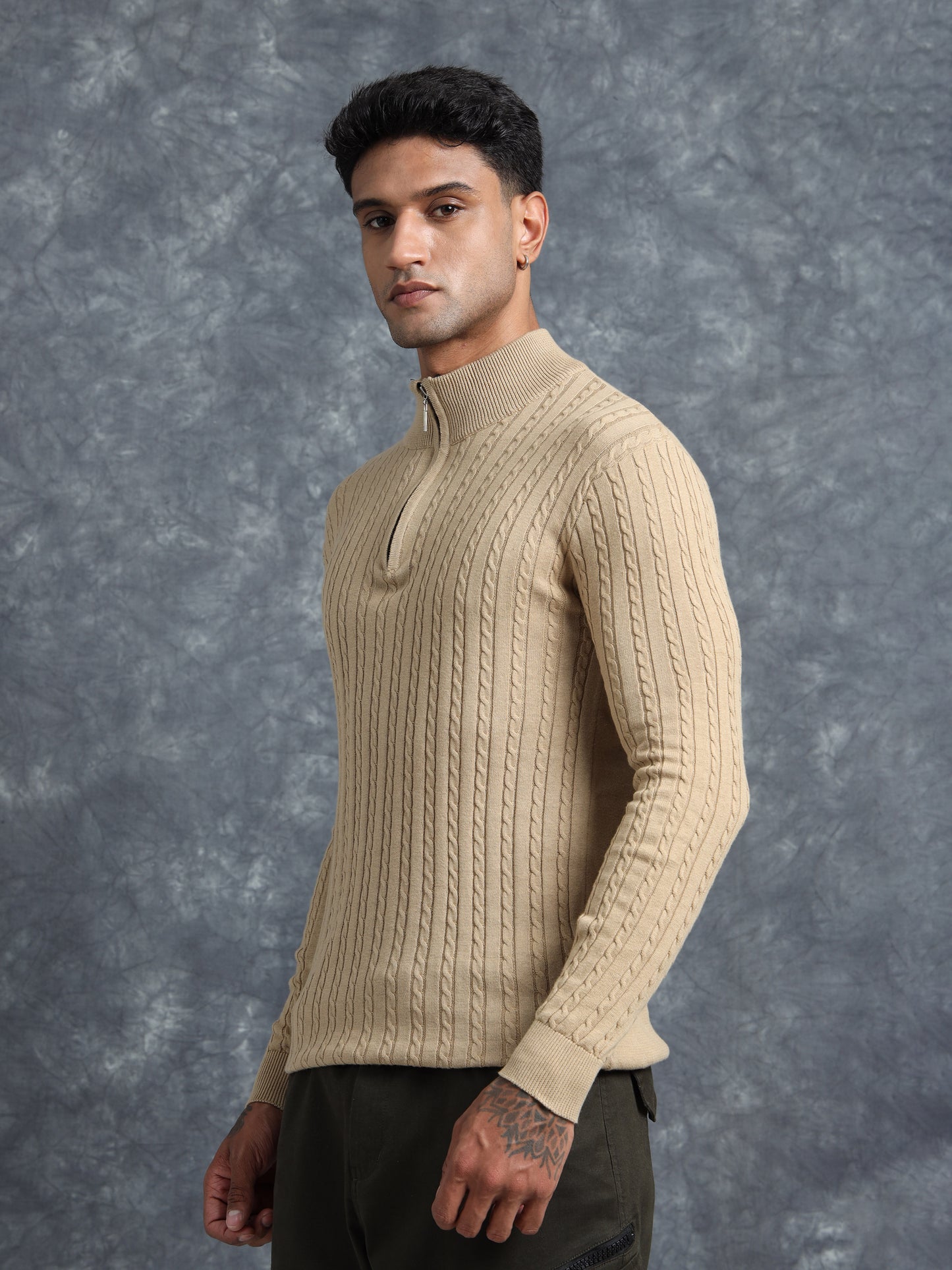 Light Brown Zipper Full Sleeve Knitted T-Shirt