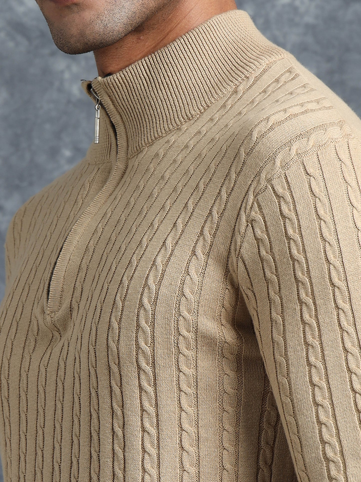 Light Brown Zipper Full Sleeve Knitted T-Shirt