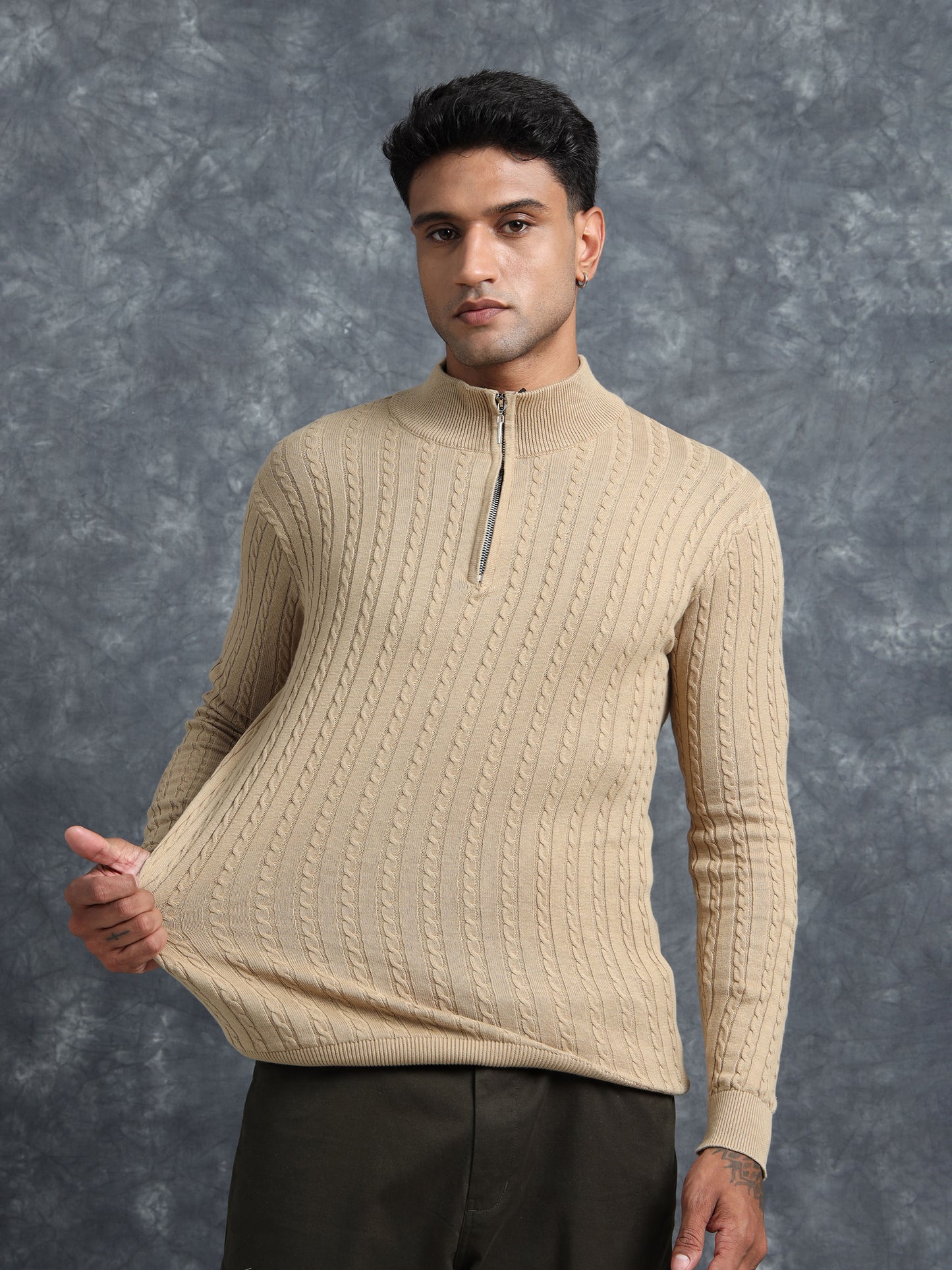 Light Brown Zipper Full Sleeve Knitted T-Shirt