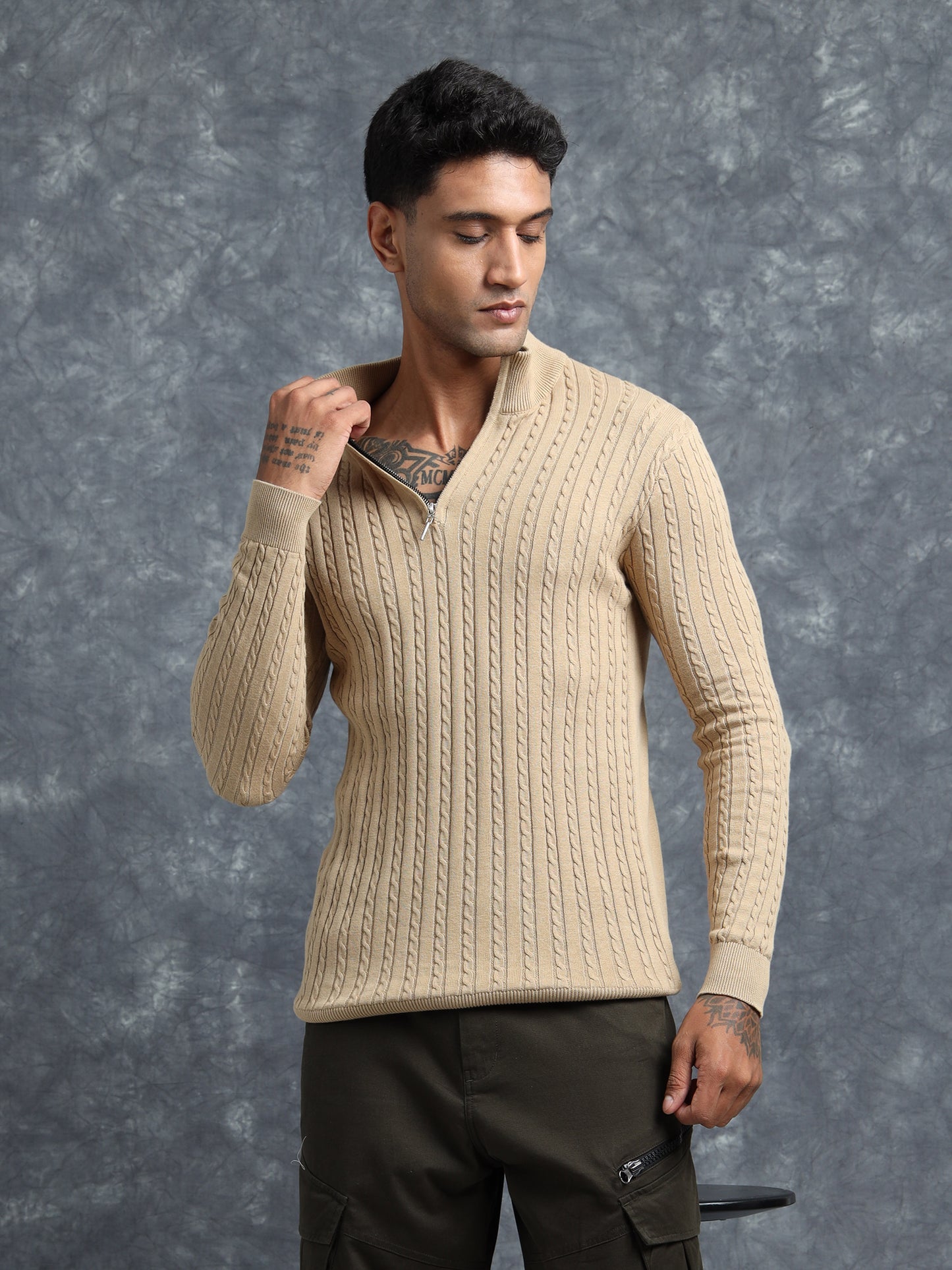Light Brown Zipper Full Sleeve Knitted T-Shirt