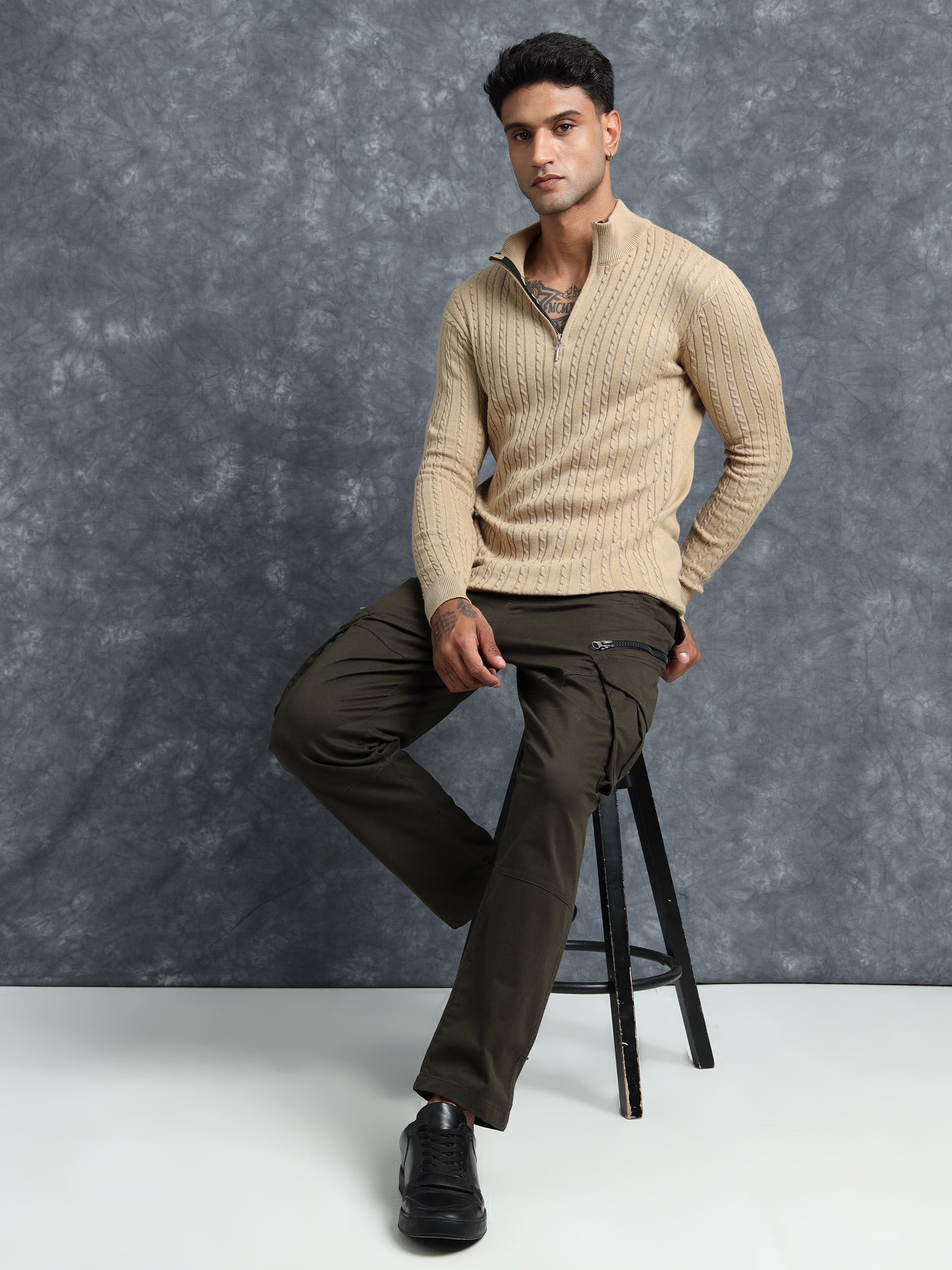 Light Brown Zipper Full Sleeve Knitted T-Shirt